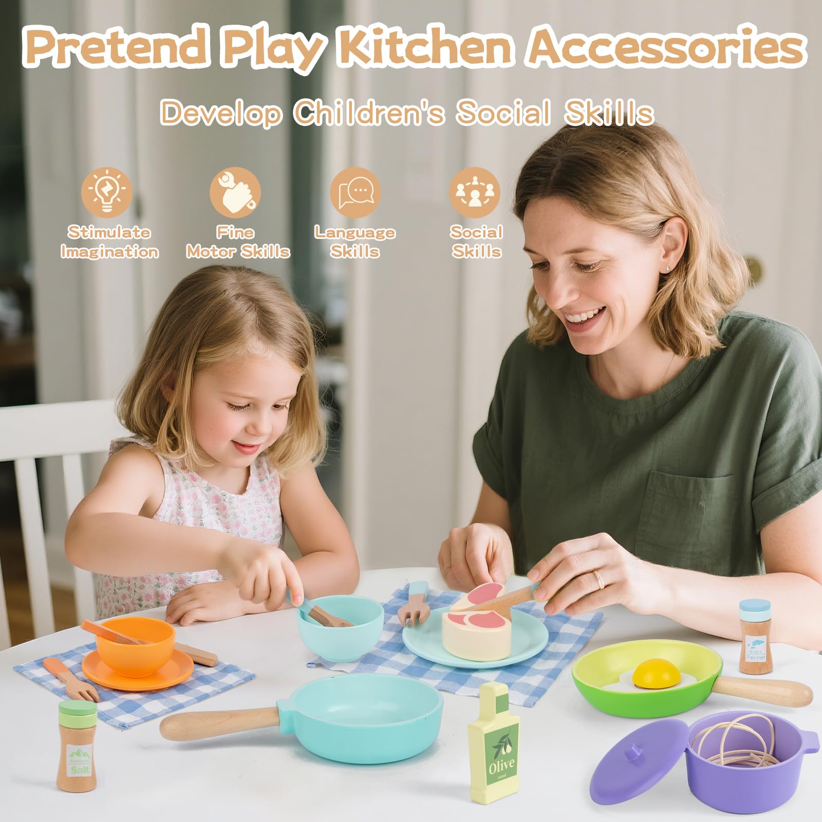 FMSKS 21 Pezzi Accessori Cucina Set in Legno, Giochi Cucina Bambini, Pentole e Padelle Giocattolo, Giocattolo Educativo Montessori, Stoviglie Giocattolo Legno, Regalo per Bambini di Tutte le Età