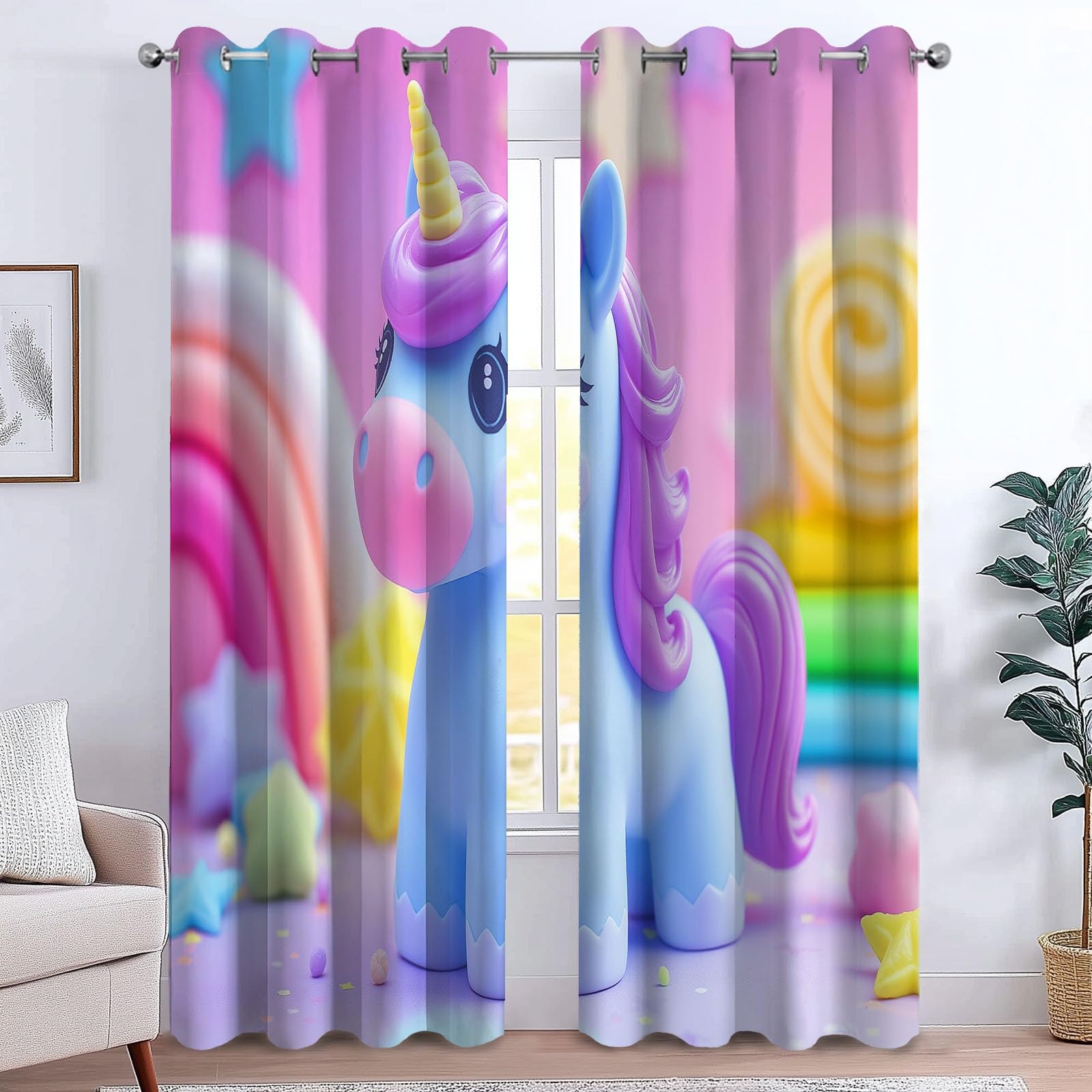 Générique Rideaux Occultants Licorne Arc en Ciel Dessin Animé, Rideaux Imprimé Isolant Thermique Anti Froid - Draperies Polyester Oeillet Couleur pour Chambre Salon Décoration Lot de 2 75L x 166H cm