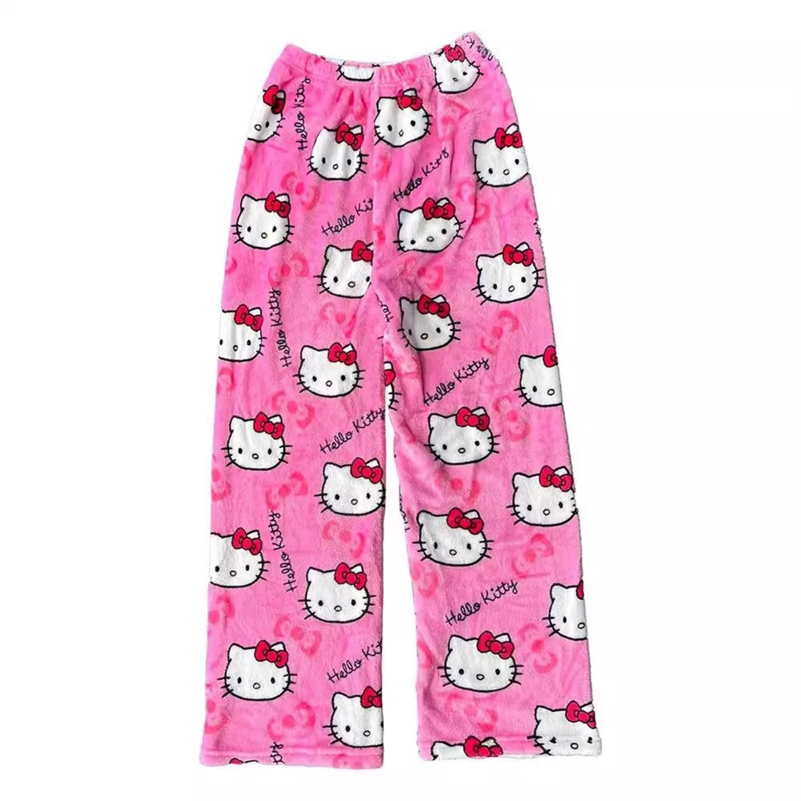 Pantalón de Pijama Anime para Mujer, Pijama de Franela Rosa con Diseño Cartoon Kawaii, Tallas EU
