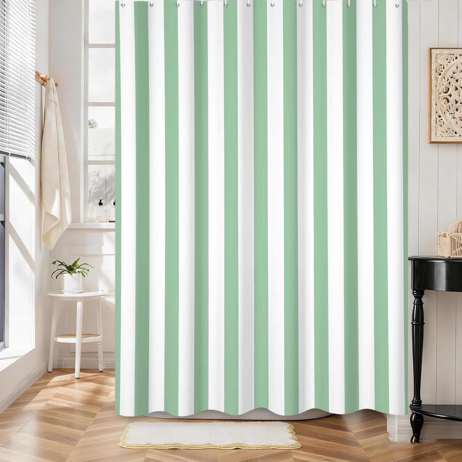 Hnmdmyi Vertical Striped Shower Curtain 180x180, Sage Green and White Stripe Vintage Bathroom Curtains Modern Abstract Minimalist Waterproof Polyester Fabric Washable Bath Curtains with Hooks