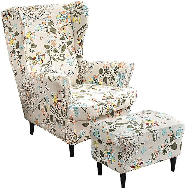 Highdi Wingback Chair Covers 2 Piece with Ottoman Cover, Stretch Wing Chair Slipcover, Washable Spandex Fabric Sofa Cover Furniture Protector for Armchair Chairs Bedroom Hotel (Nordic style)