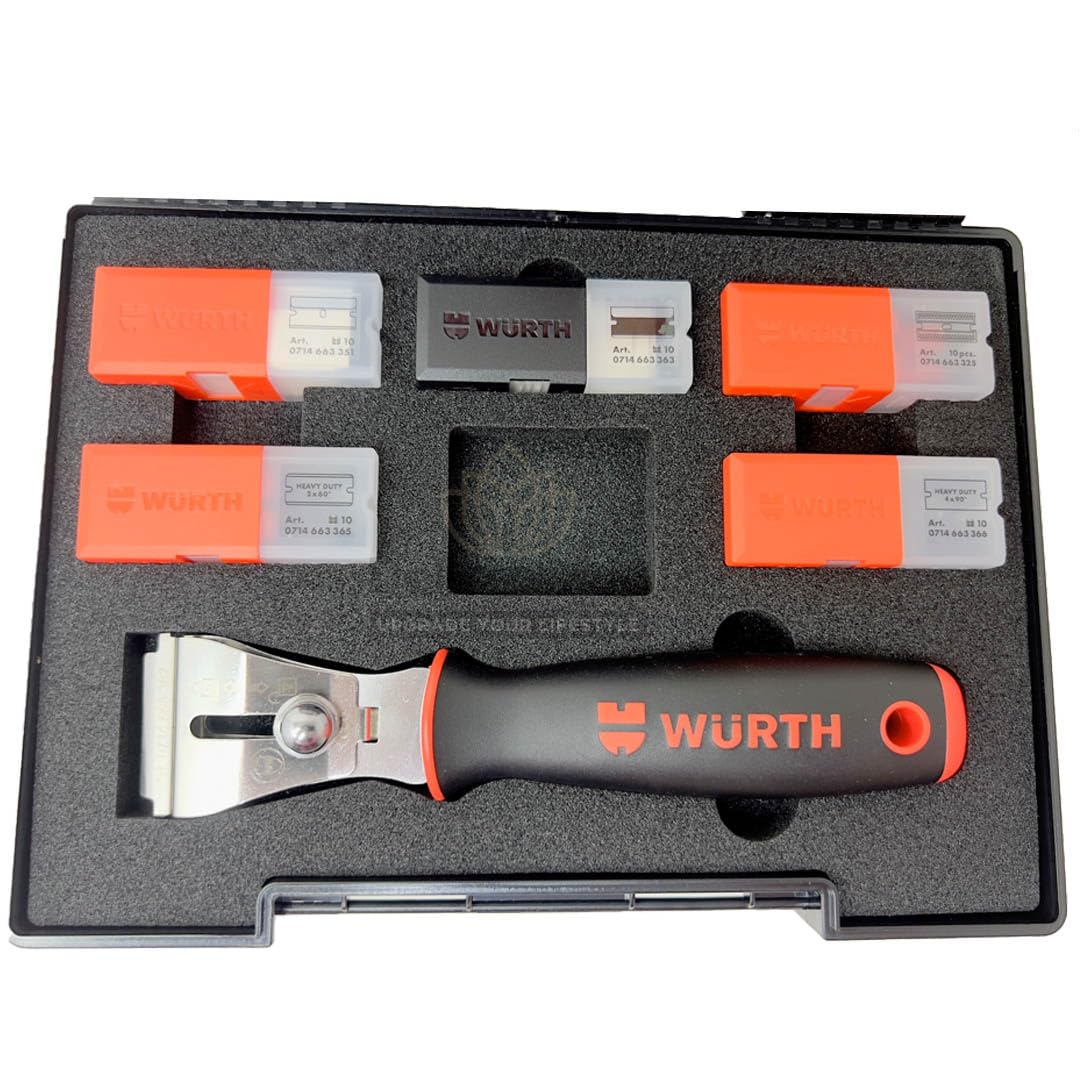 Würth 2K Klingenschaber Set 52-teilig zum Entfernen von Etiketten, Aufklebern, Kleberresten auf Glas Kochfelder Fensterschaber 0714663380