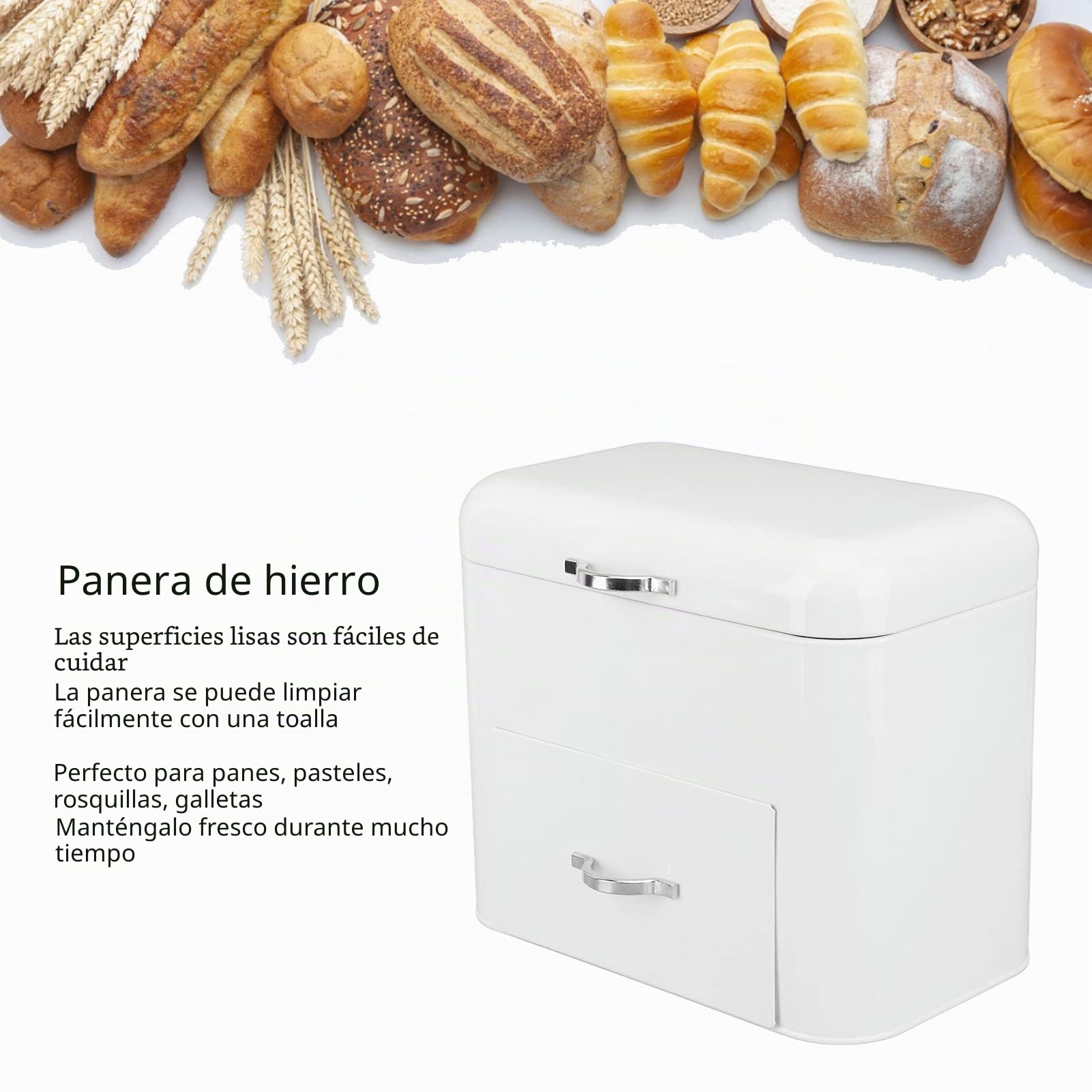 Caja de Pan de Hierro Grande con 2 Estantes, Almacenamiento Extra Grande para Pan y Productos Horneados, Blanco Lechoso
