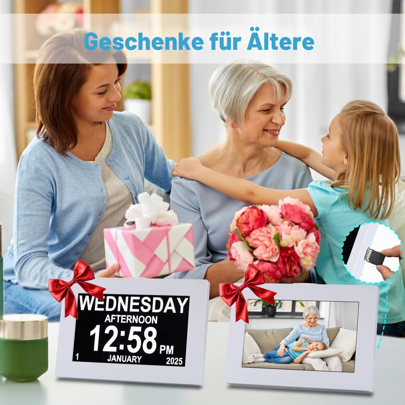 Touchscreen Demenz Wecker Design 2025 Neu, Digitaluhr 8 Zoll Großes Display Sprechende Kalenderuhr, mit Datum und Tag für ältere Alzheimer mit HD Digital Bilderrahmen