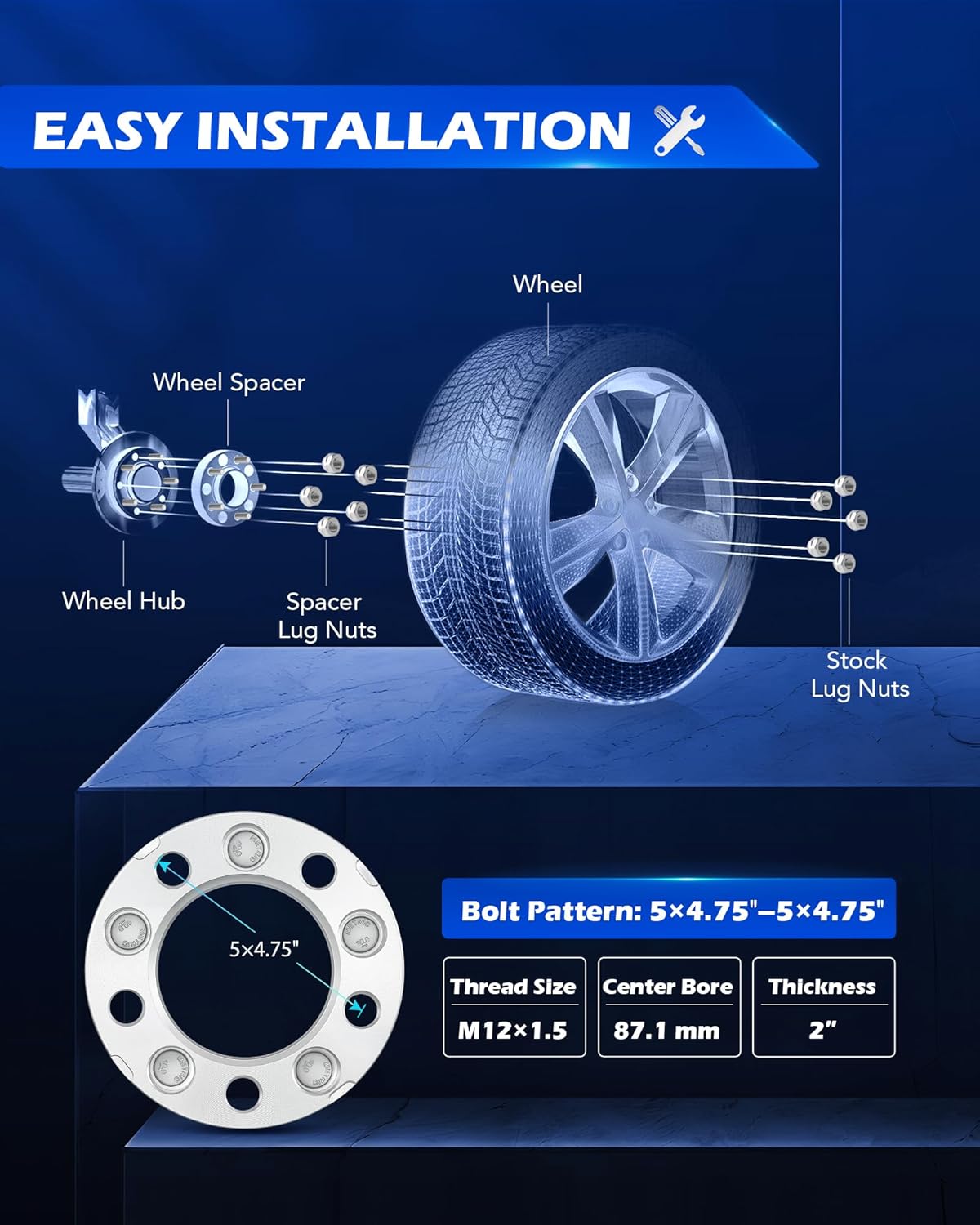 Orion Motor Tech 5x4.75 Wheel Spacers, 2 Inch Wheel Spacers with M12x1.5 Studs Compatible with Chevy Camaro GMC Jimmy Sonoma Buick Cadillac Oldsmobile Pontiac, 87.1mm Center Bore Spacers, Set of 4 - Image 2