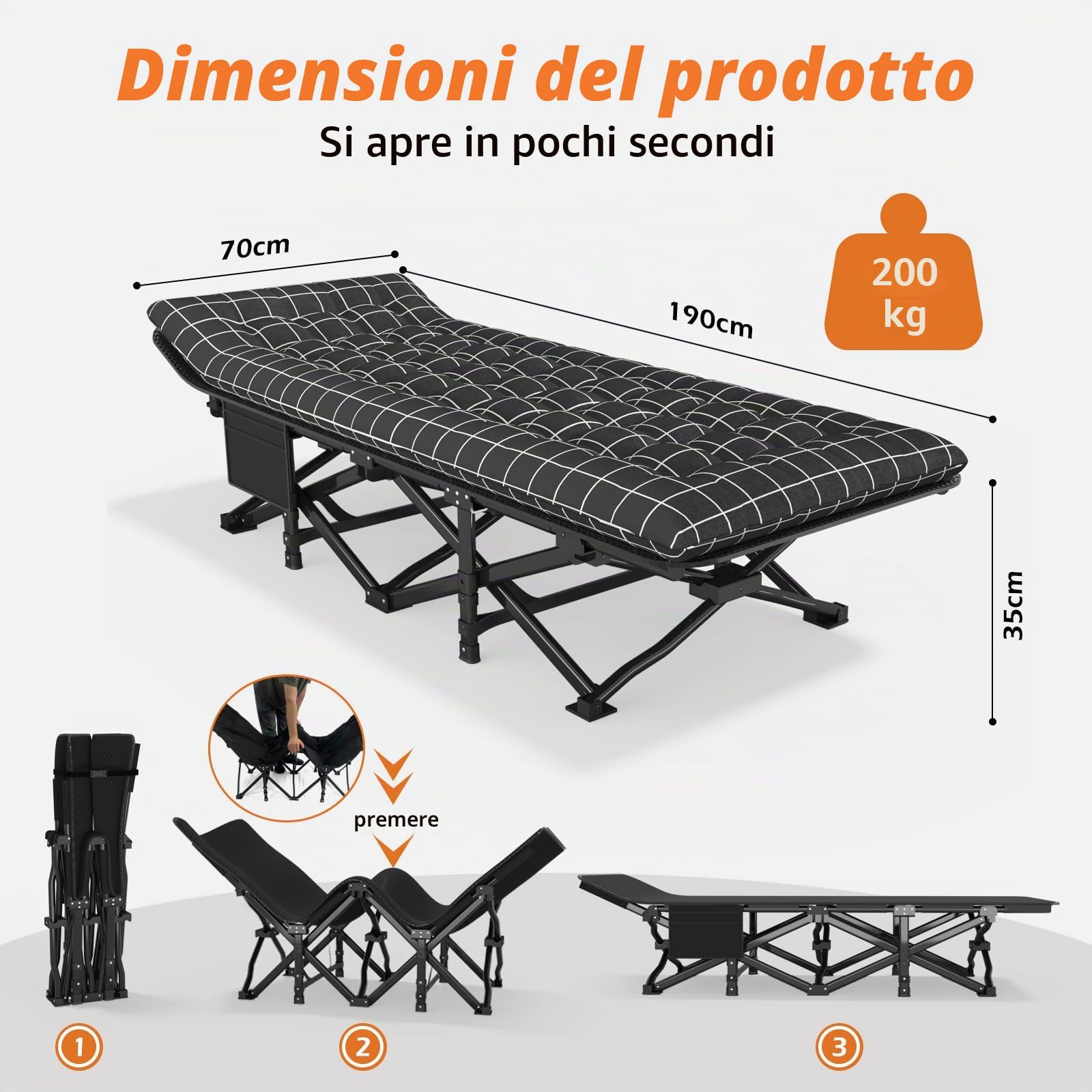 ATORPOK SHOP Letto pieghevole da campeggio fino a 200 kg per letto pieghevole con tasca laterale, lettino da campeggio portatile, per esterni, giardino, campeggio, viaggi, interni