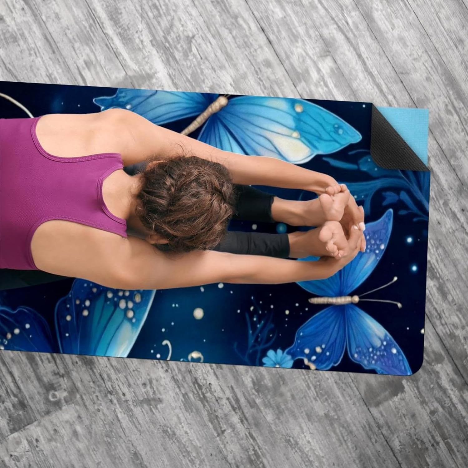 Yoga Towel, Blue Butterflies Galaxy Pattern Non Slip Sweat Absorbent Hot Yoga Mat Towel for Hot Yoga, Pilates and Fitness - 72.8" x 26.8"