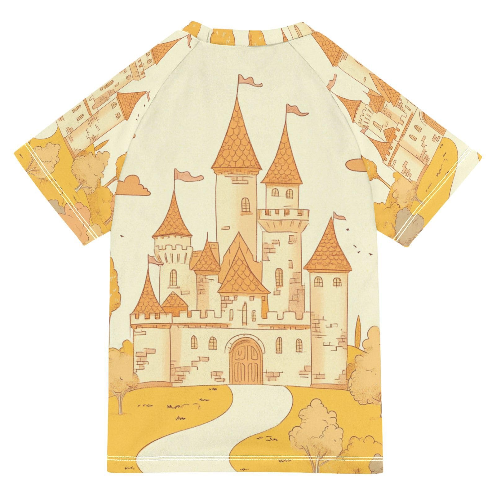 Jucciaco Boys Swimsuit Castle King Orange Sunscreen Kids Sun Rashguard Short Sleeve T-Shirts Swimwear Sets UPF 50+