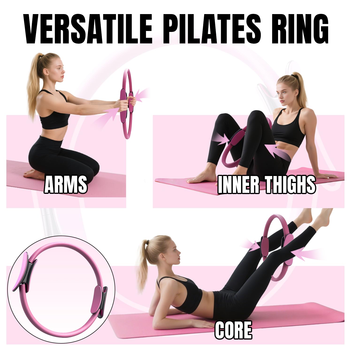 Set di Anelli da Pilates - 6pcs, Cerchio Magico con Maniglie Imbottite Doppie, Kit di Anelli per Pilates con Palla da Yoga, Fascia di Resistenza, Cerchio Pilates Set di Yoga per Casa