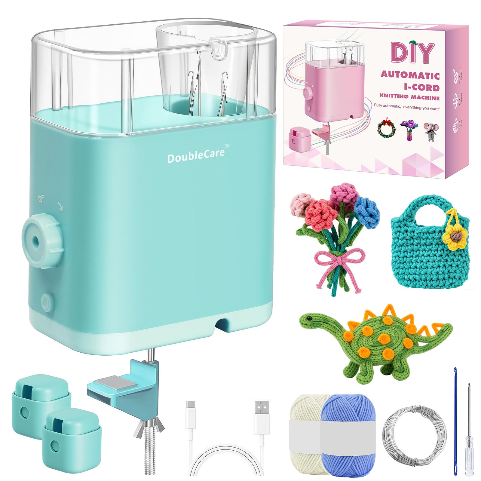 DoubleCare Tricotin Automatique, Machine de Tricotar Tejer, Eléctrico Máquina de Tejer con 2 Bobinas de Hilo y Alambre de Hierro de 2 m, DIY Máquina de Ganchillo para Proyectos Rápidos, Verde