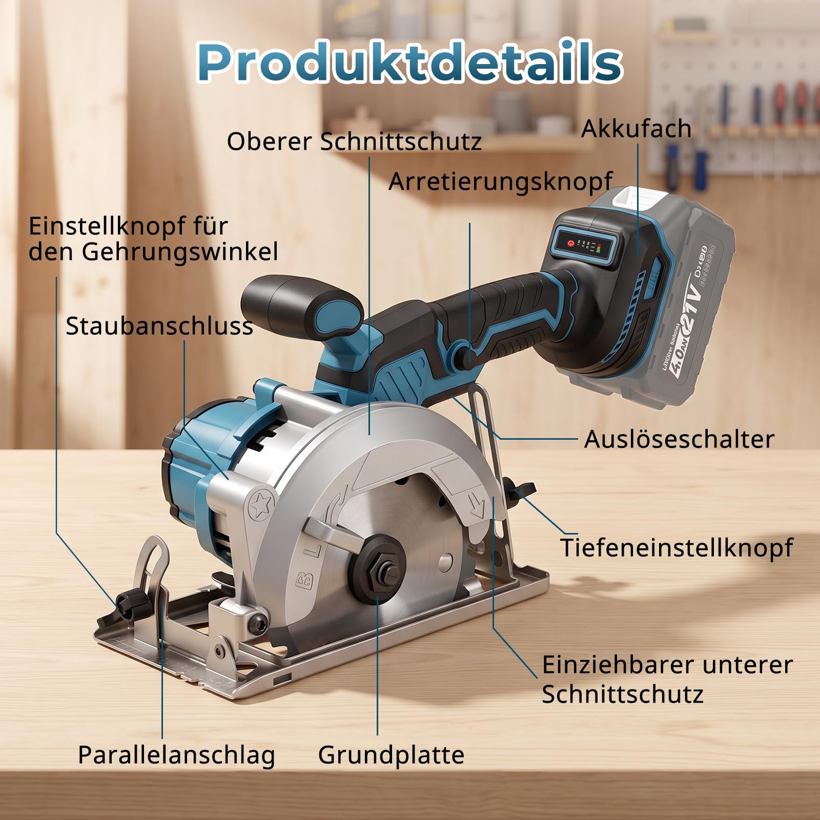Akku Handkreissäge Kompatibel Mit Makita 18v Akku, 7200RPM Mini Kreissäge mit 2 * 4,0Ah Batterie, 45°/90° Gehrungsschnitt, Einhändiges Halten, 2PCS 140mm Sägeblätter für Holz, PVC