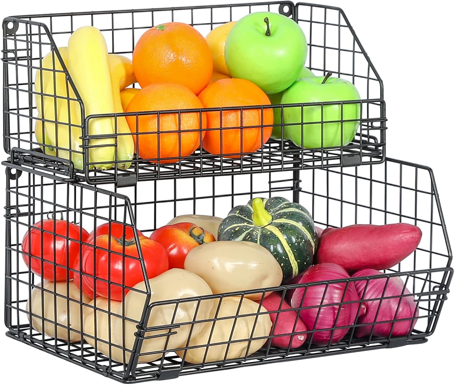 Fruit Vegetable Basket 2-Tier Wall-mounted Wire Storage Baskets Countertop Detachable Stackable Bin Kitchen Organizer Pantry Basket for Snack Canned Foods Potato Onion Storage Cabinet