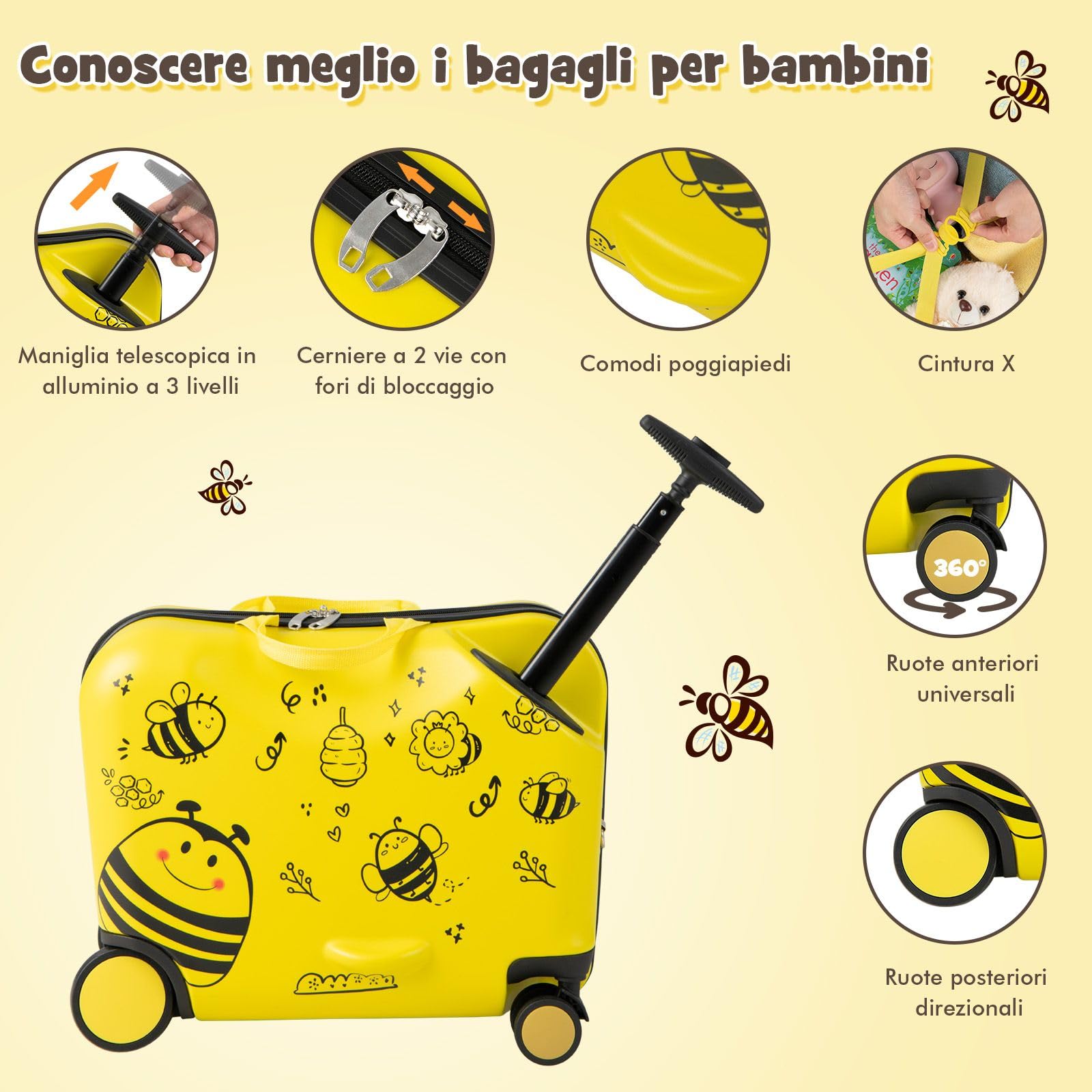RELAX4LIFE Set Valigia Cavalcabile/Trolley per Bambini 18‘’ con Zaino 12‘’, 4 Ruote Girevoli, Maniglia Retrattile 56cm, 2 Cingie Multiuso, Zaino: 26x30cm/Trolley:47x26,5x36,5cm (Giallo)