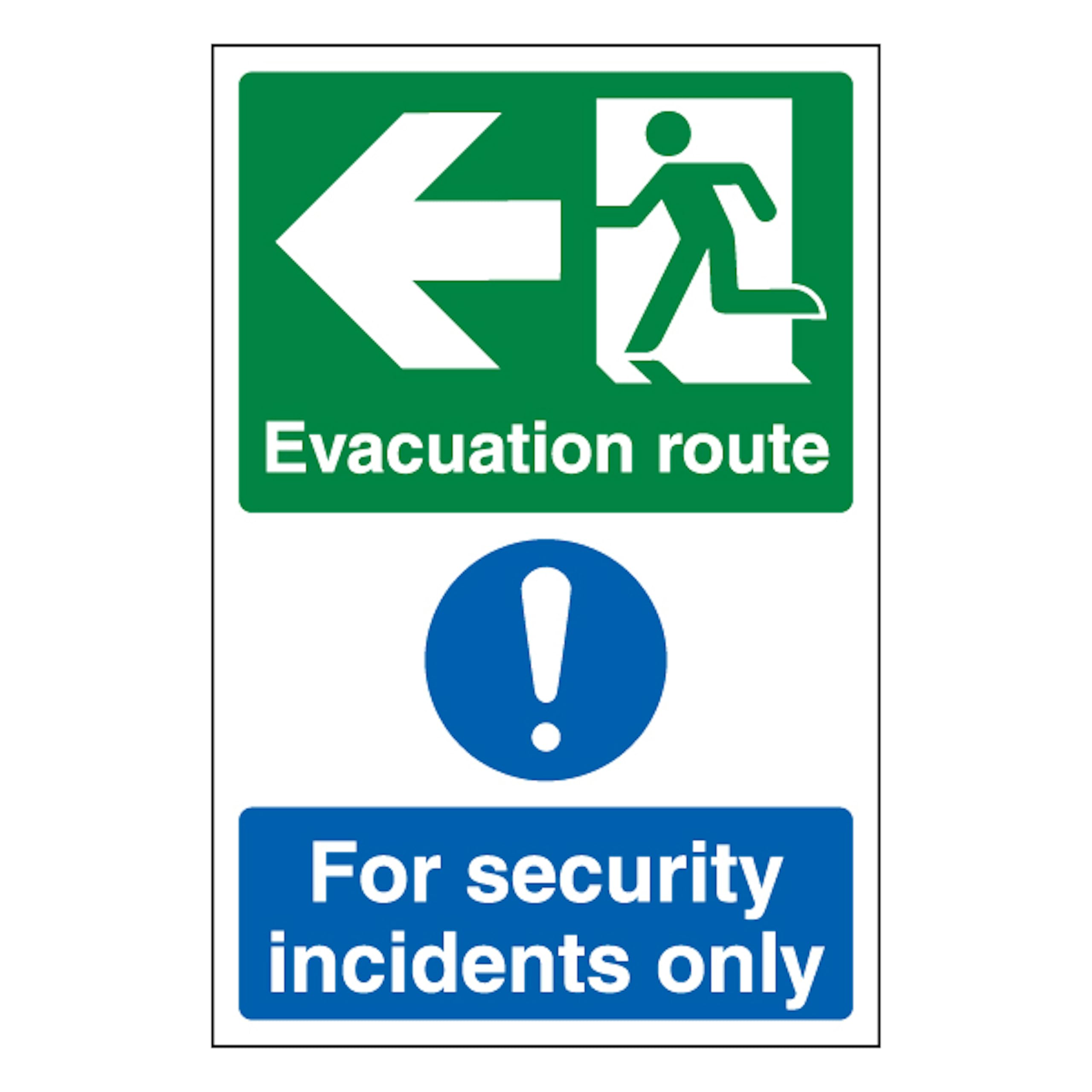 V Safety Evacuation Route Arrow Left/Security Incidents Only - Portrait 200 x 300mm - 2mm Rigid Plastic Safety Sign