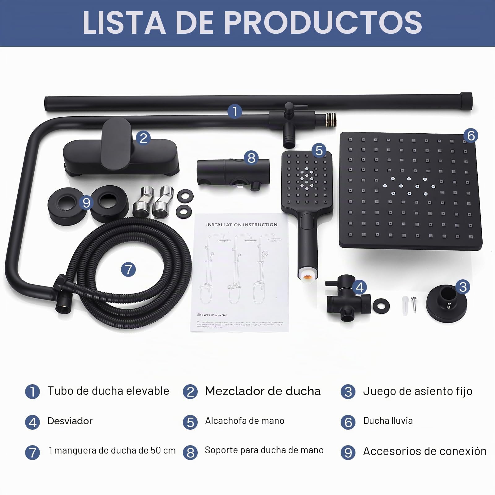 Namuoto Columna Ducha Negro, Sistema de Ducha con Ducha Fija y Teleducha, Barra Altura Ajustable, Duchas de Baño Columna para Baño Set Ducha Monomando