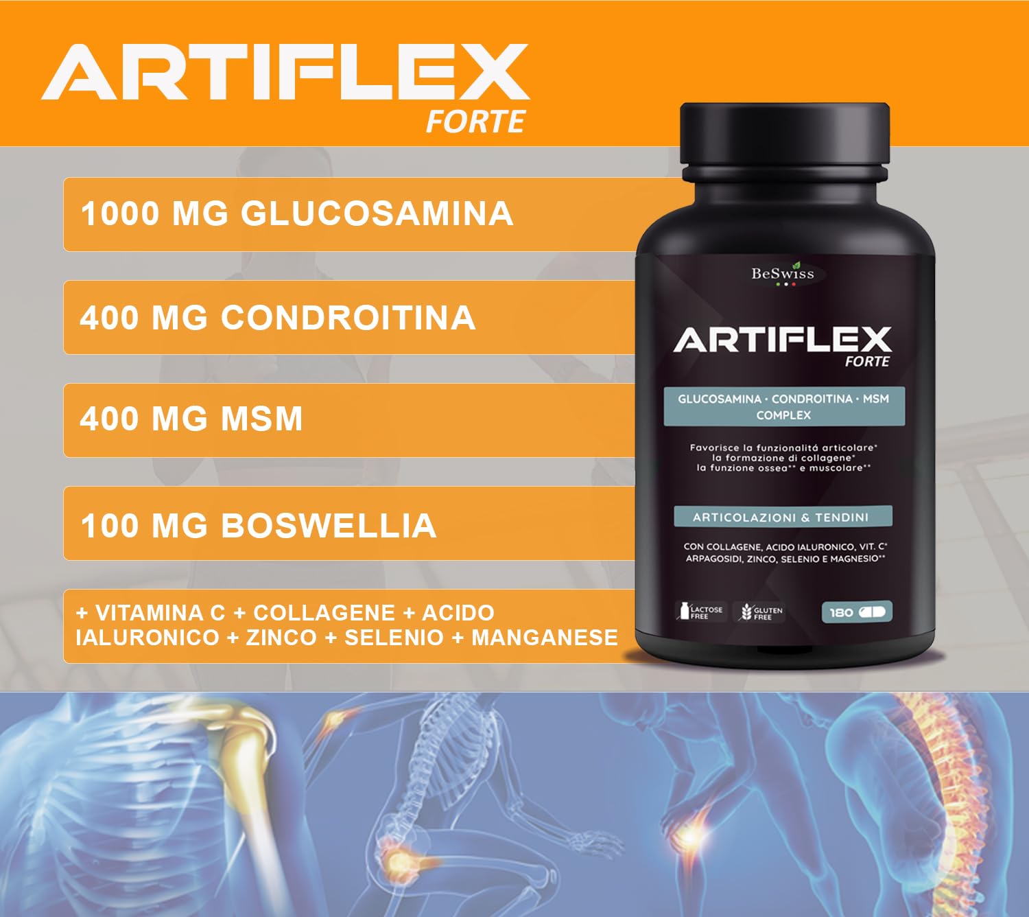Artiflex Glucosamina Condroitina MSM - 180 Capsule Integratore per Ossa Articolazioni Cartilagine | con Collagene, Acido Ialuronico, Boswellia, Vitamine e Minerali | Alto Dosaggio