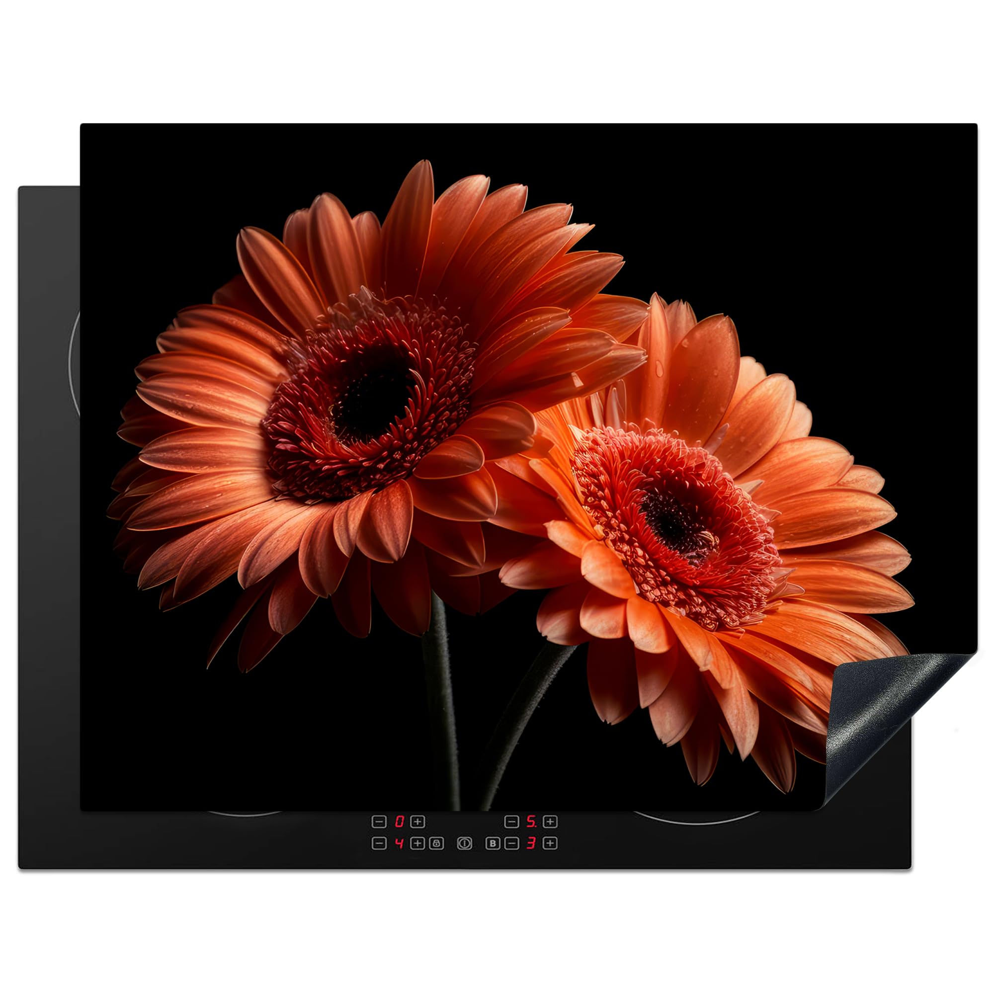 KitchenYeah© Induction Hob Cover Protector Mat 23.2"x30.3" / 77x59 cm Kitchen Universal Ceramic Covers for Electric Cookers Vinyl Flowers - Botanical - Gerbera - Orange - Black
