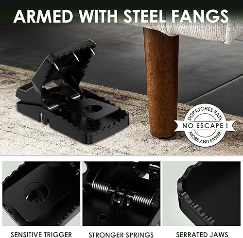 Miniatura 2 de Paquete de 6 trampas de ratas imparables con dientes de acero, trampas de mordida para ratones grandes más fuertes que matan instantáneamente,