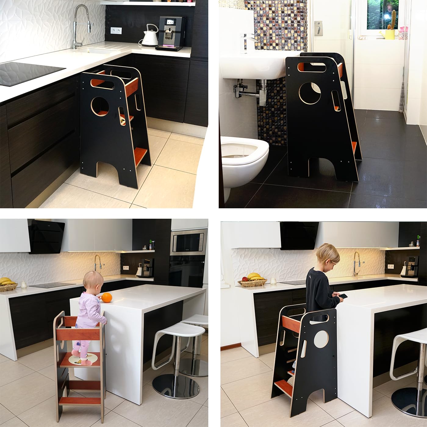 Skyline Torre di Apprendimento Libreria Montessoriana per Bambini Scaletta Pieghevole Tavolino Sedia Torretta Pieghevoli Scrivania Sgabello Tavolo Kitchen Helper Learning Tower nero/marrone