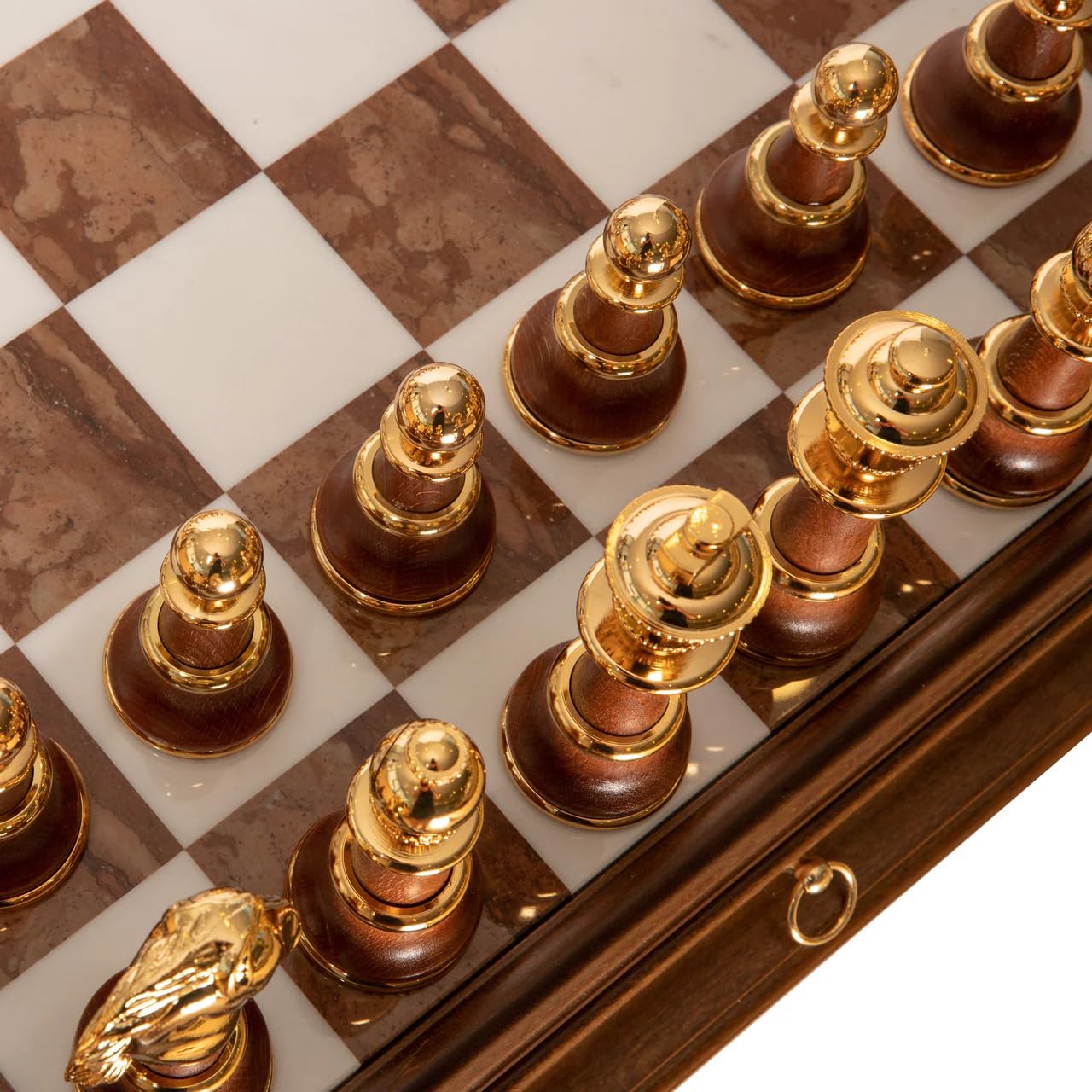 Staunton XL Set + Tilia Wood Chess Table Marble Top Double Drawer New