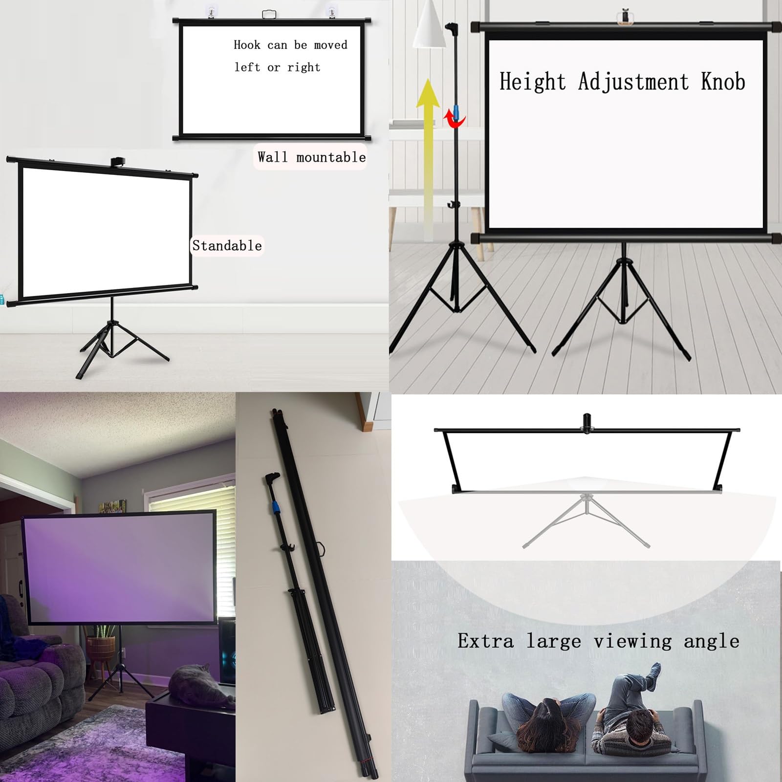 Tripod Screen 60 Pollici 72 Pollici Schermo Proiettore con Supporto, Treppiede Regolazione Altezza, Schermo del Proiettore con Supporto, Telo per Videoproiettore(16:9,60in)