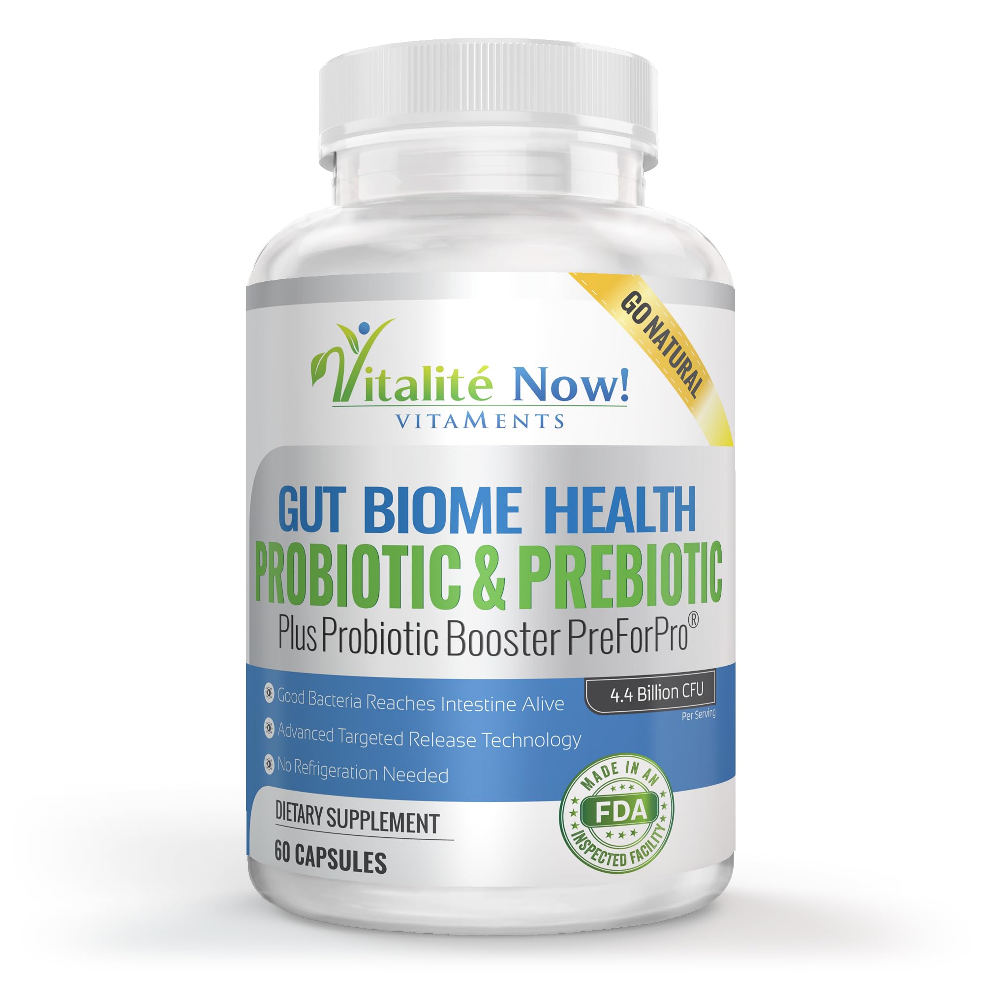 Premium Probiotic plus Ultimate Prebiotic - Gut Biome Builder & Restoration - 4.4 Bn CFU - Best for Women & Men - Bacteria Reaches Intestine within Hours - No Refrigeration - Bacillus Subtilis
