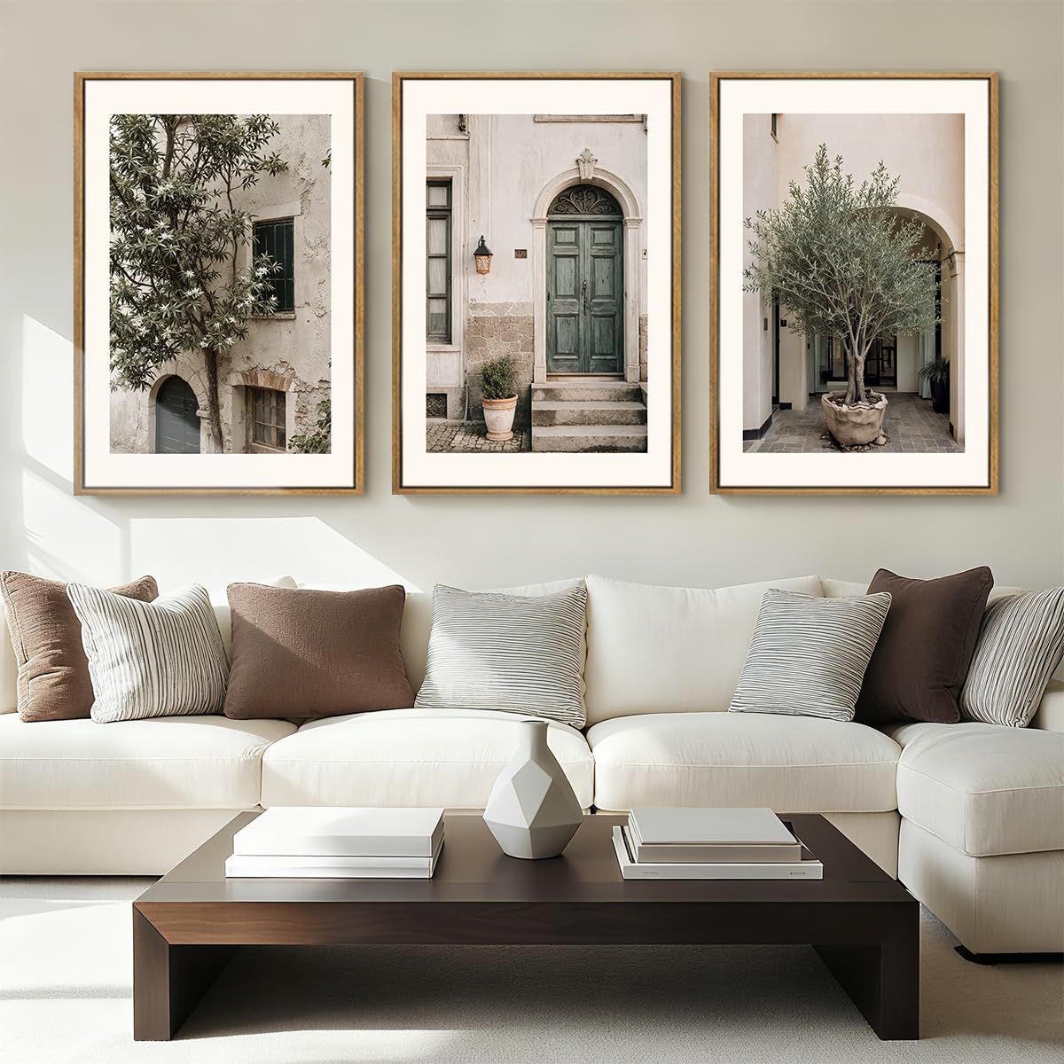 HPNIUB Large Vintage Italy City Landscape Framed Canvas Wall Art Set, Olive Green Tree Country Wall Decor, Modern Minimalist Countryside Villages