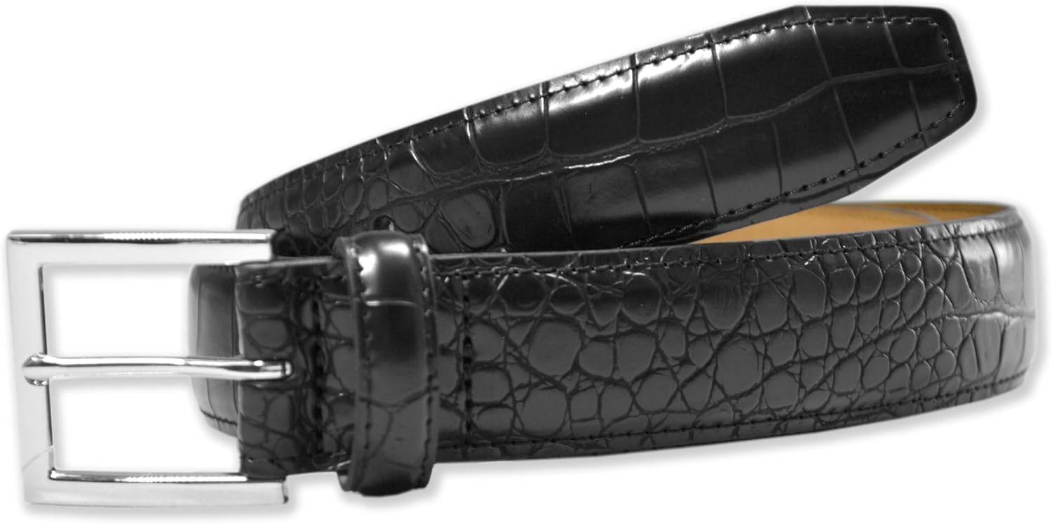 Banana Republic 576129 Mens Vegan Leather Crocodile Embossed Single Prong Square Buckle Belt, (Black/Silver-Tone, 38W)