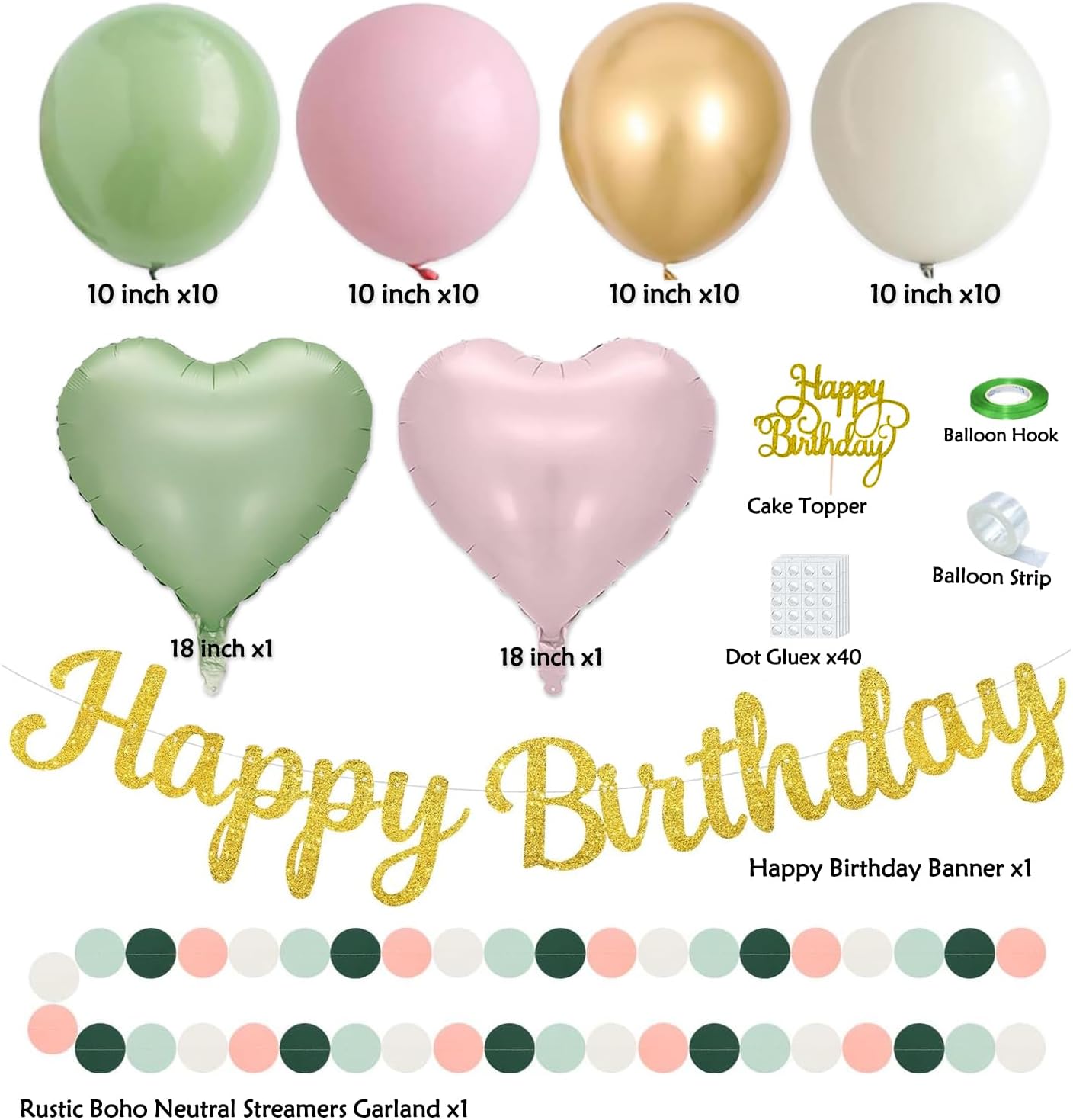 Sage Green Pink Birthday Decorations - 62pcs Happy Birthday Banner, Olive Retro Beige Paper Lanterns Pom Poms, Green Pink Balloons , Neutral Streamers Garland, Birthday Decorations for Women Girl Boys - Image 3