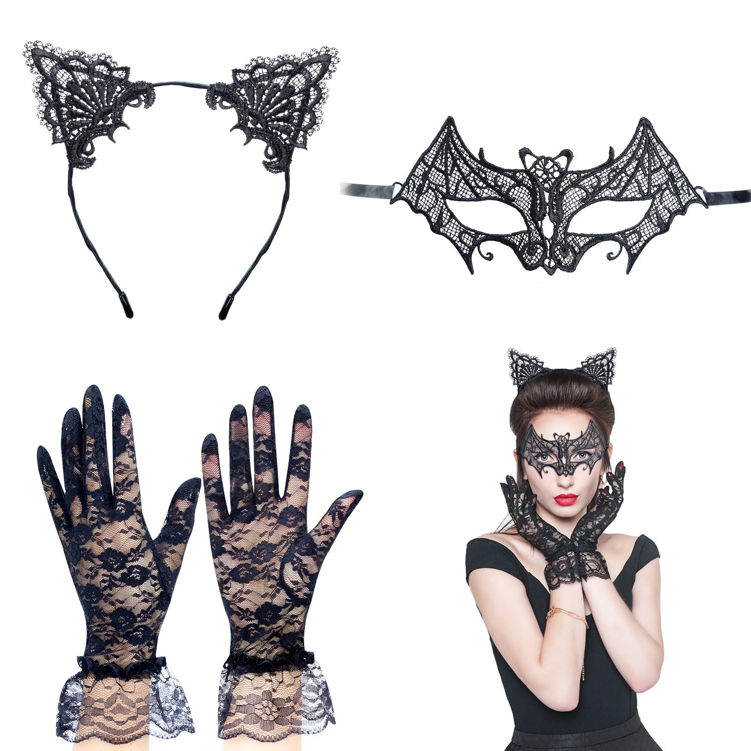 TOPWAYS Sexy Black Bat Lace Half-Face Masks Lace Gloves Cat Ears Headband for Women Masquerade Masks Costume Catwoman Accessories Make Up Party Favors (Bat Set)