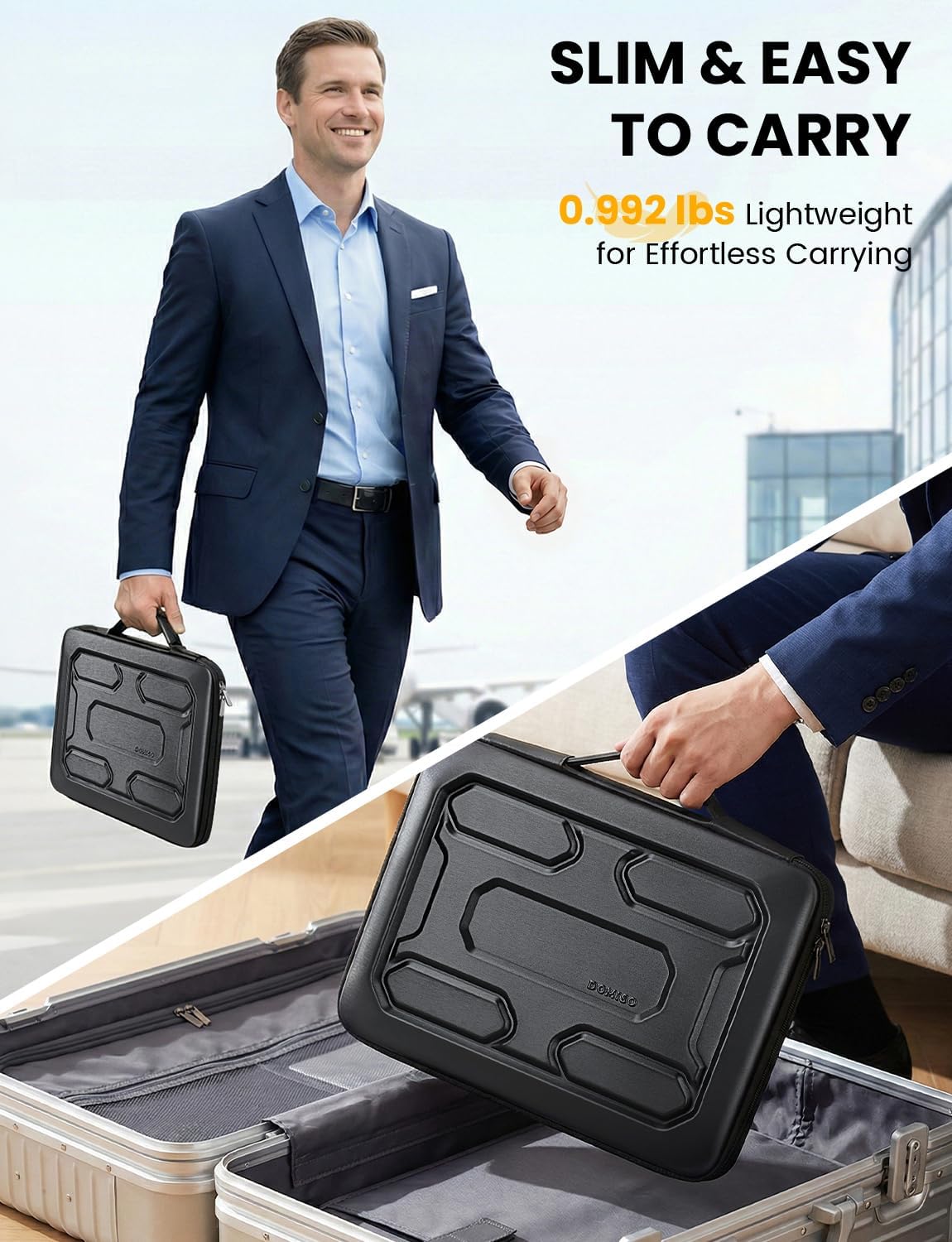 DOMISO Laptop Hard Case 15-16 inch Waterproof Shockproof Hard Shell Laptop Sleeve with Handle & Storage Pocket, Compatible with MacBook, HP, Dell, Black