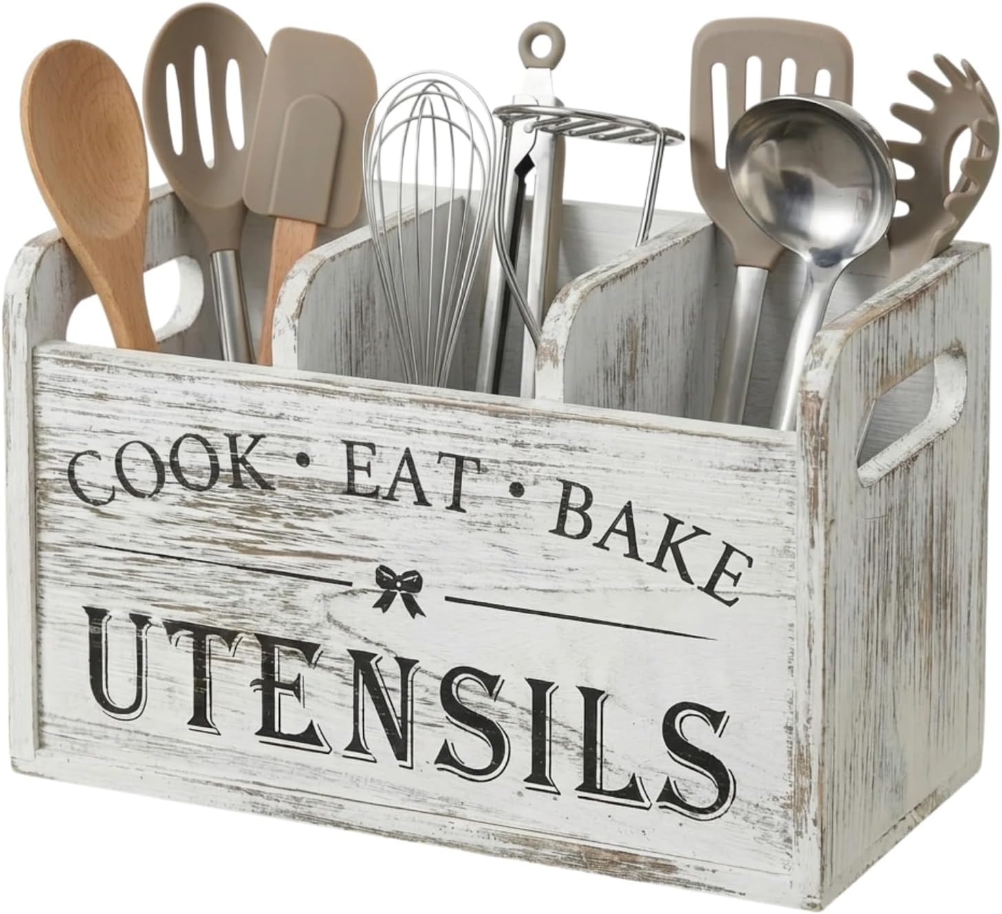Wooden Utensil Holder with 3 Compartments and Removable Dividers, White Kitchen Counter Organizer for Utensils and Tools, Farmhouse Decor (10.6x4.1x6.1 Inch)