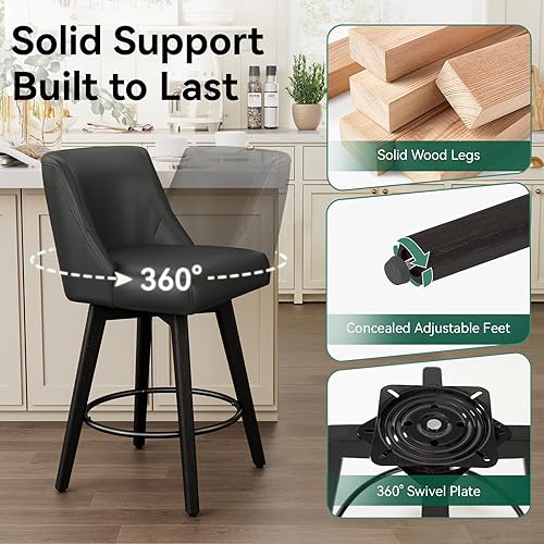 Miniatura 5 de Juego de 2 taburetes de bar giratorios de altura de mostrador, taburetes de bar de 26 pulgadas con reposapiés, taburetes de bar tapizados de piel