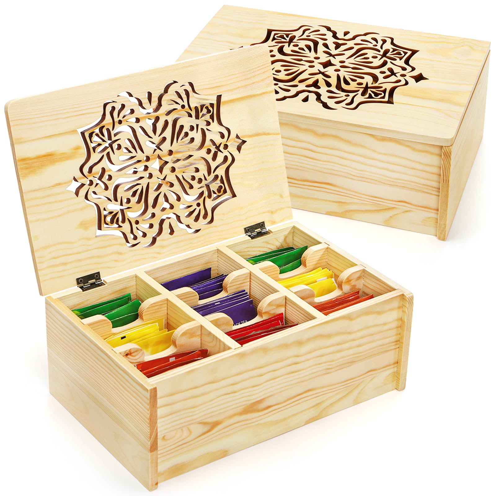 WRINGKIT Wooden Tea Bag Organizer Box, 9 Compartment Tea Bag Chest Holder Container with Floral Carved Lid, Multi-Functional Decorative Box for Storage Sugar Packet, Spice, Sweets, Small Items