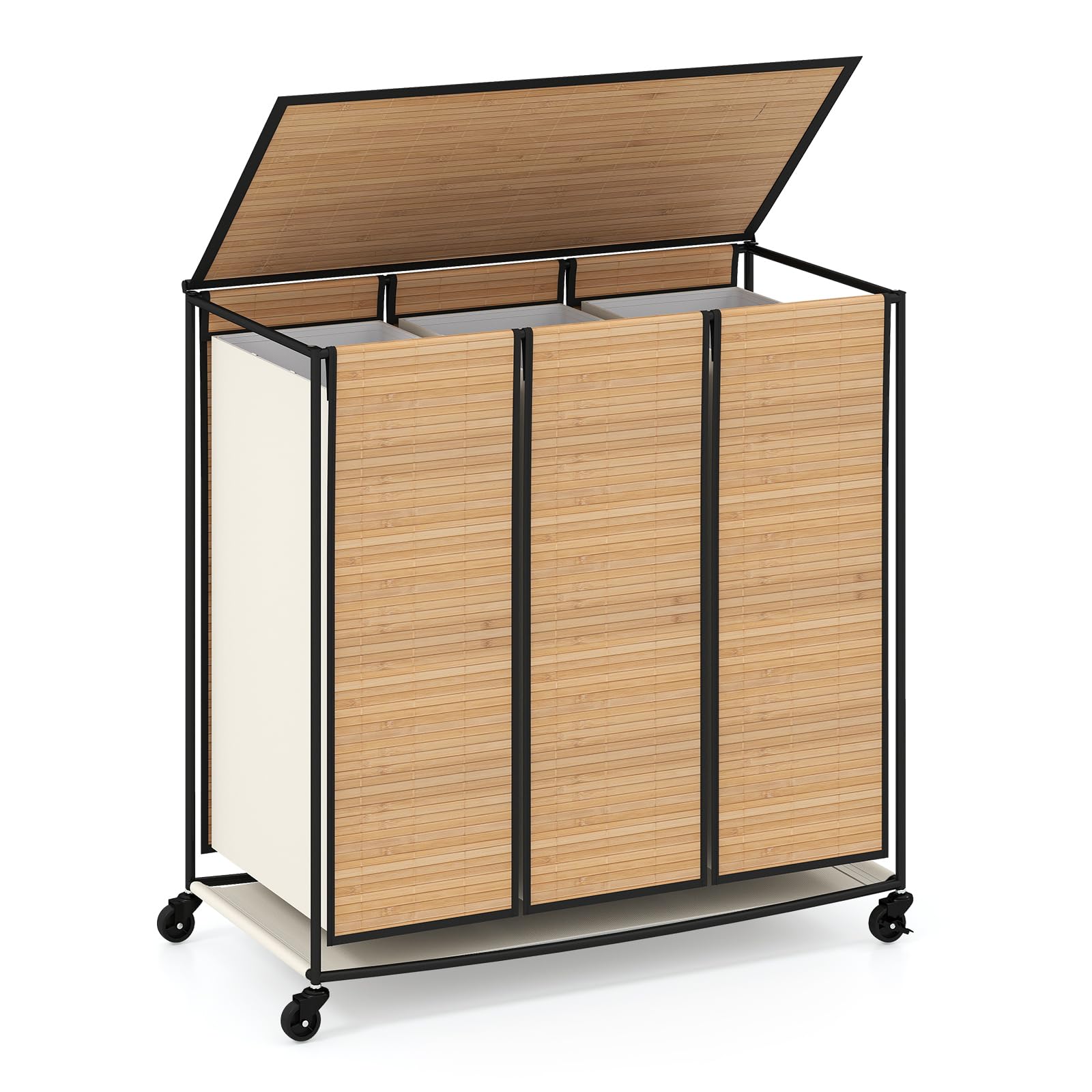 COSTWAY Bamboo Laundry Basket on Wheels, 3-Compartment Laundry Hamper with Lid and Removable Liner Bags, 81L Metal Frame Rolling Dirty Clothes Sorter Washing Basket for Bathroom Bedroom, 66x33x66cm