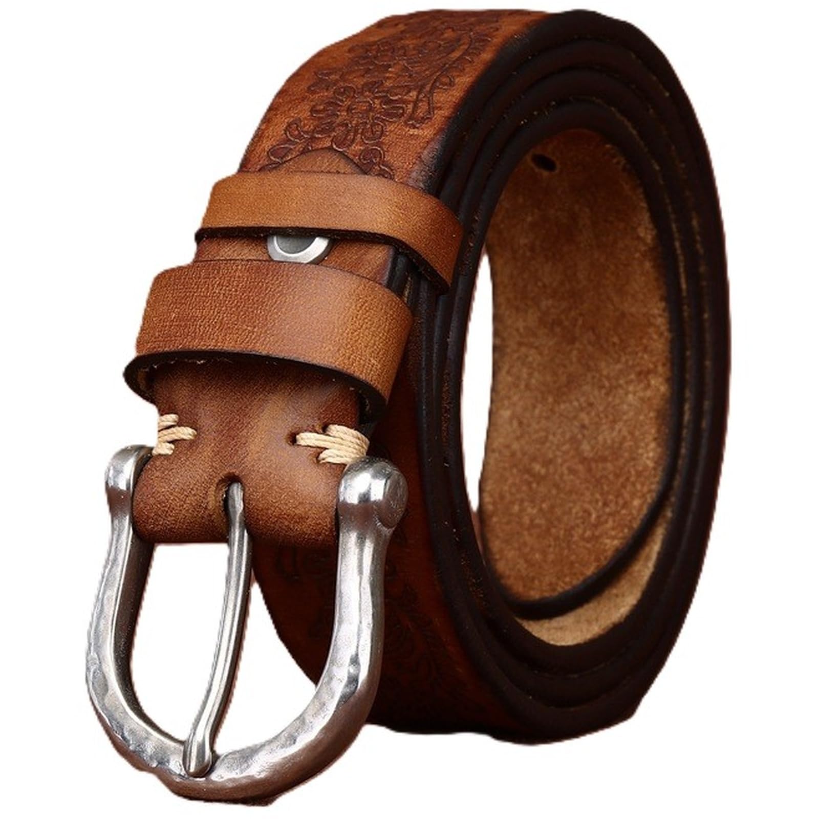 AGUTALITHIC Thicken Handmade Embossed Cowhide Leather Belt Engraved Western Floral Strap with Antique Silver Horseshoe Buckle(130cm/51, Brown)
