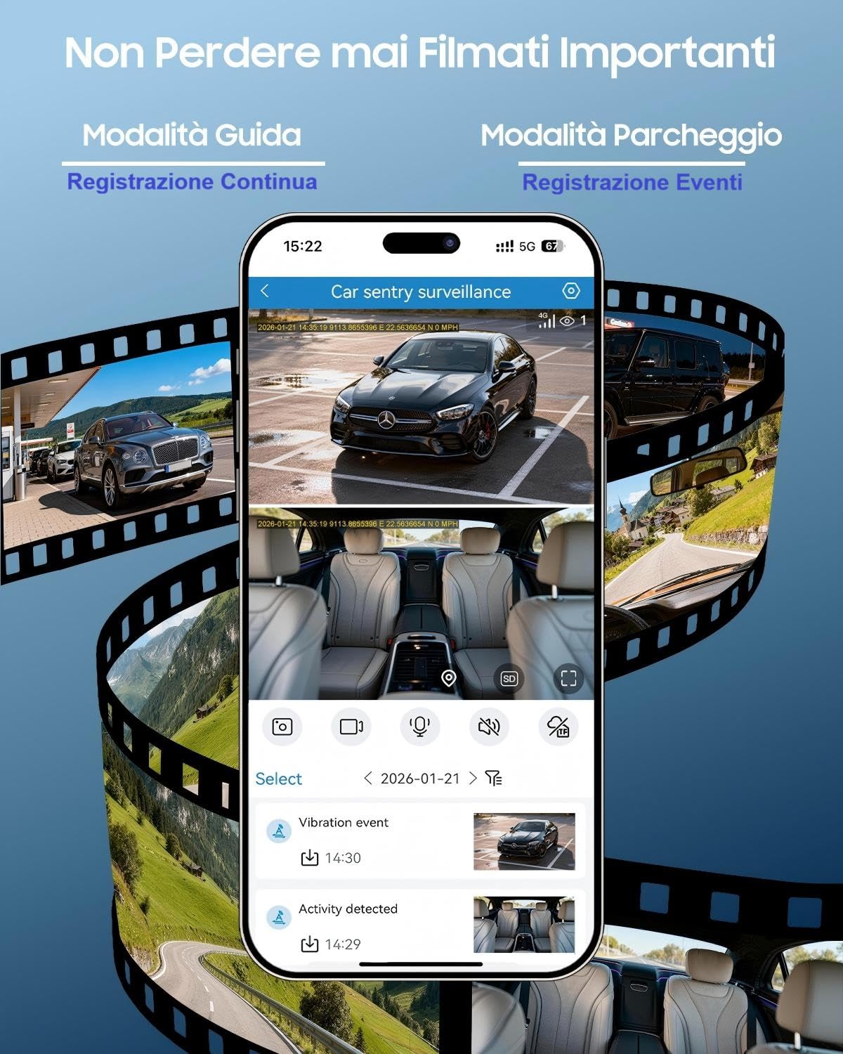XEGA Dash Cam Auto 2K 4G con Scheda SIM, GPS, Monitoraggio di Parcheggio, Rilevamento Collisione/Movimento Radar, Audio Bidirezionale, Modalità Privacy, Video in Diretta/Cloud
