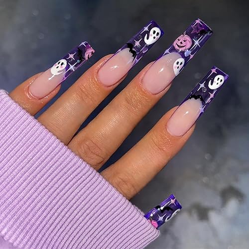 Uñas postizas extralargas a presión para Halloween, uñas postizas de punta francesa con murciélagos negros, corazón azul, estrella, asterismo,