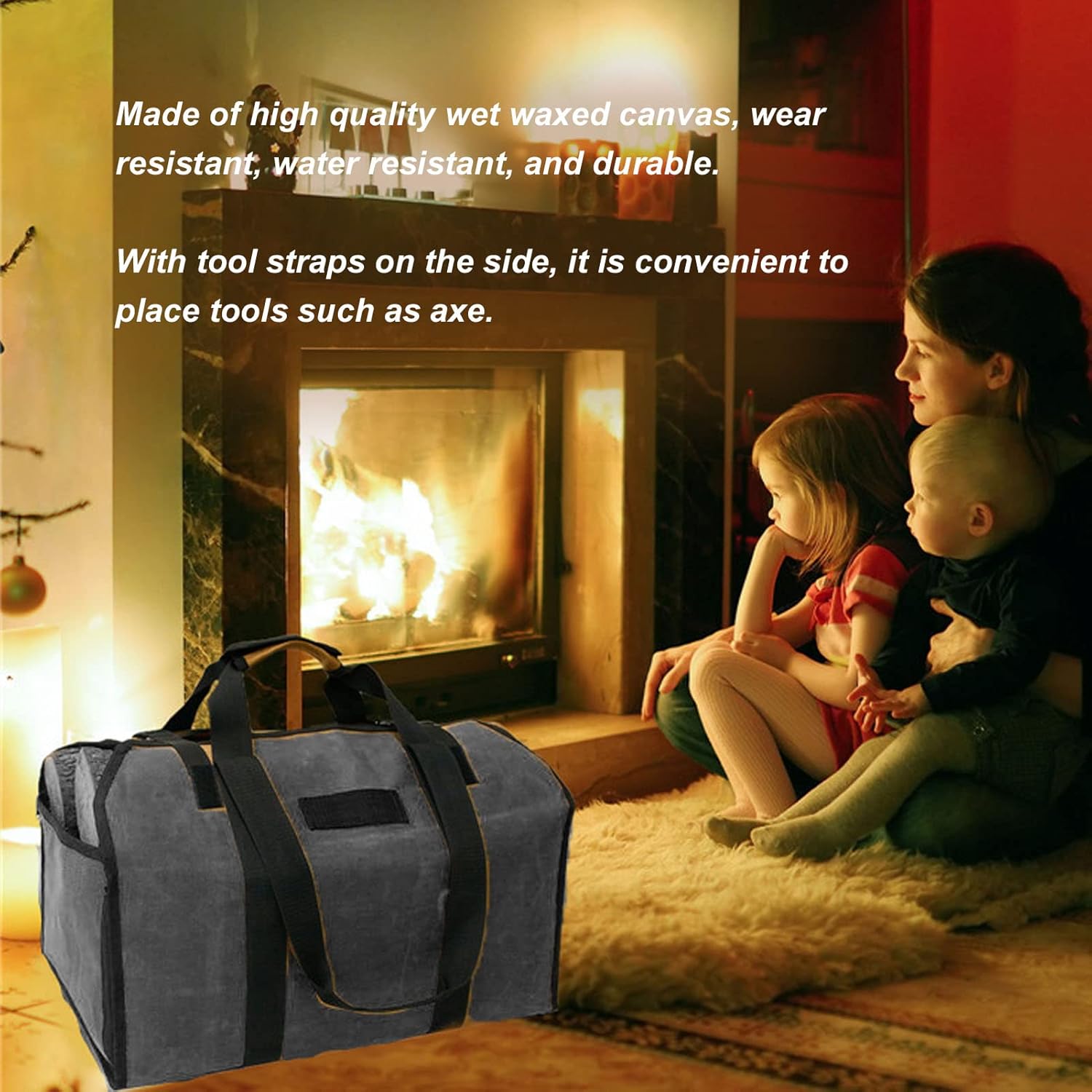 KANASI Firewood Carrier Bag, Large Waxed Canvas Log Holder with Side Tool Straps for Home Fireplace and Outdoor Camping Wood Storage