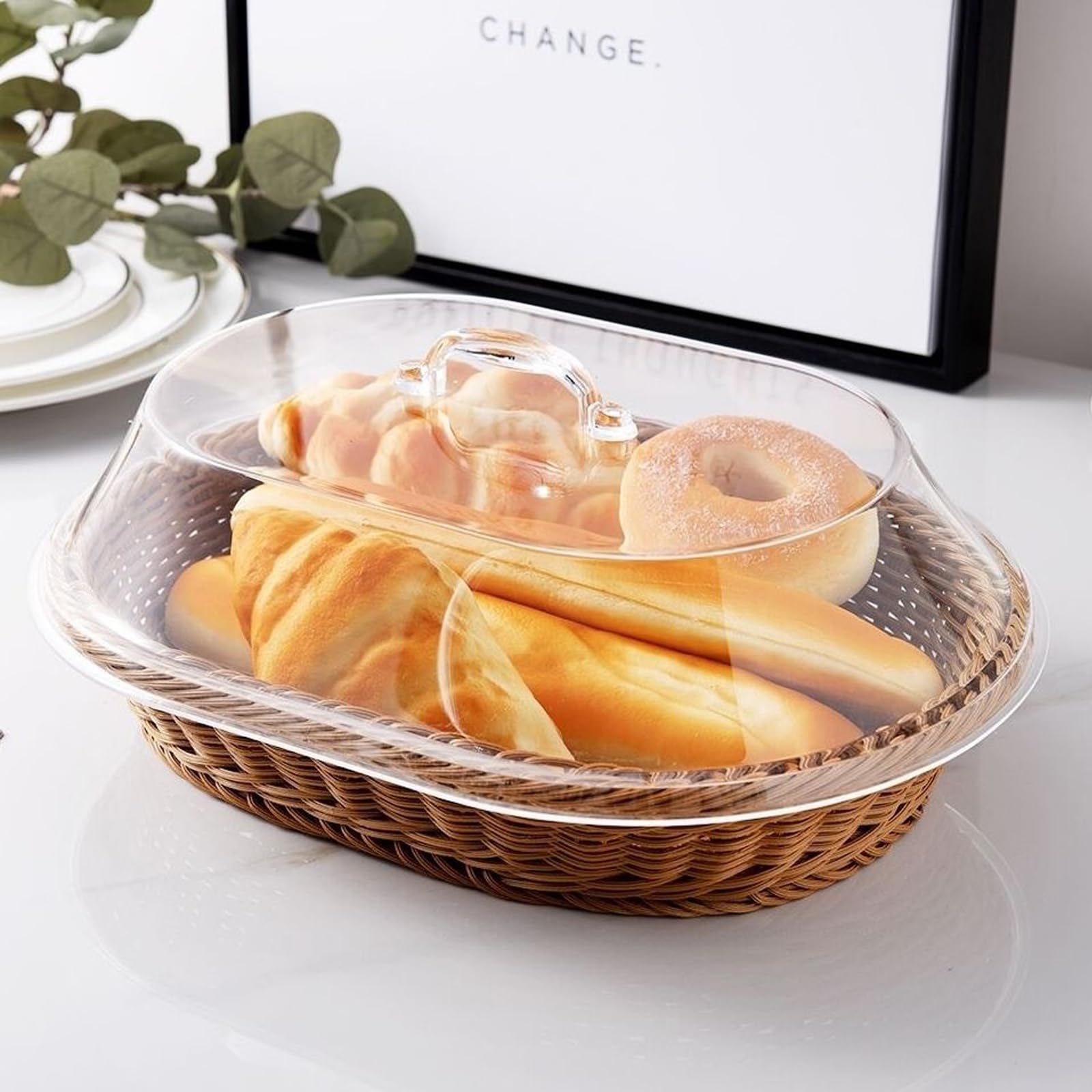 Cestino per il pane con coperchio, cestino per il pane in rattan intrecciato con coperchio in acrilico, cesto di frutta per verdure, tavolo da pranzo con coperchio, antipolvere, per ristoranti,
