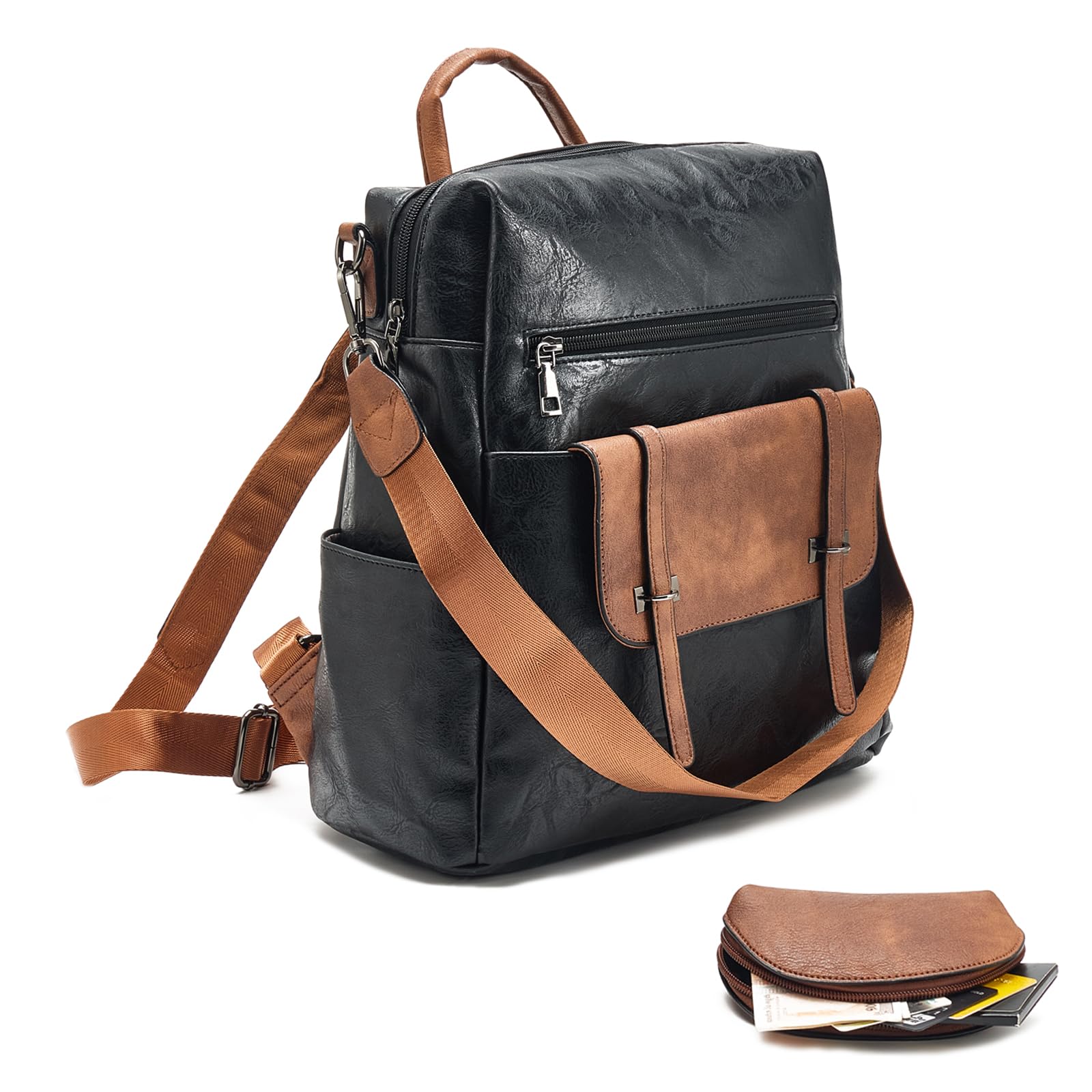 KoboIn Backpack Purse for Women Fashion Designer Laptop Backpack for Women 15.6 inch Casual Daypack Backpacks with Wristlet (1-6 Black with Brown)