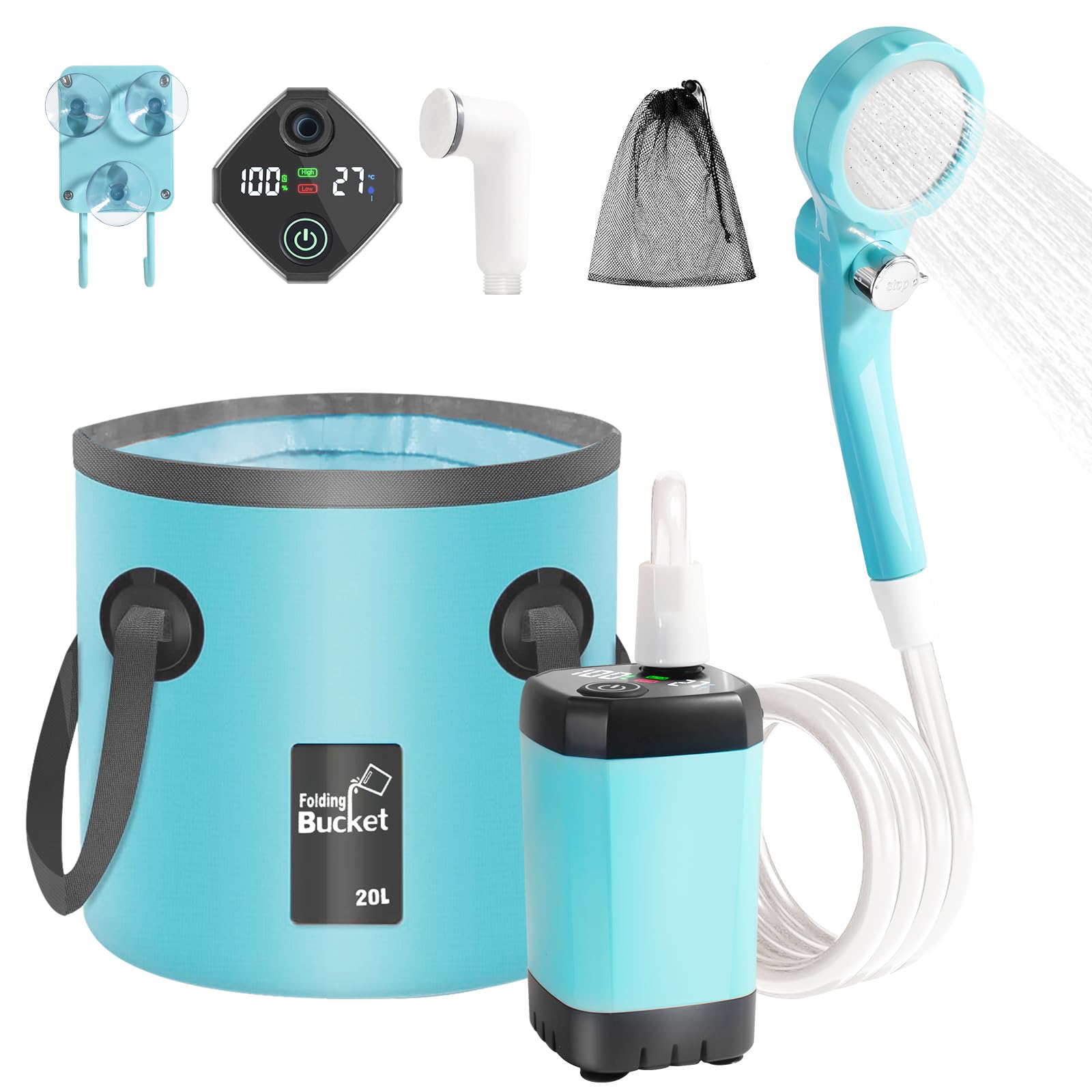 Kazaigou Portable Camping Shower, 6000mAh Rechargeable Electric Camp Shower with Intelligent Display, 4 Spray Modes & 20L Collapsible Bucket for Hiking, Pet Washing, Car Cleaning