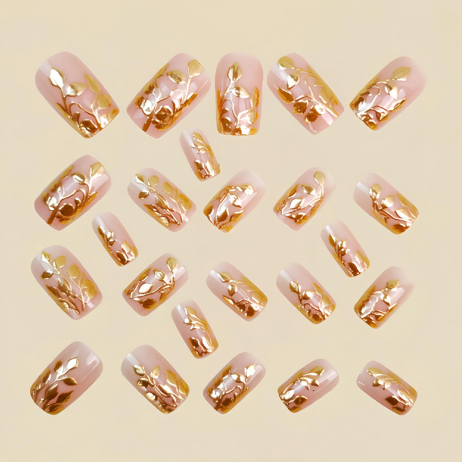 Medium Press on Nails Square Fake Nails with Leaves Glitter Designs Nails Press ons Gold Glue on Nails Glossy Stick on Nails for Women 24Pcs