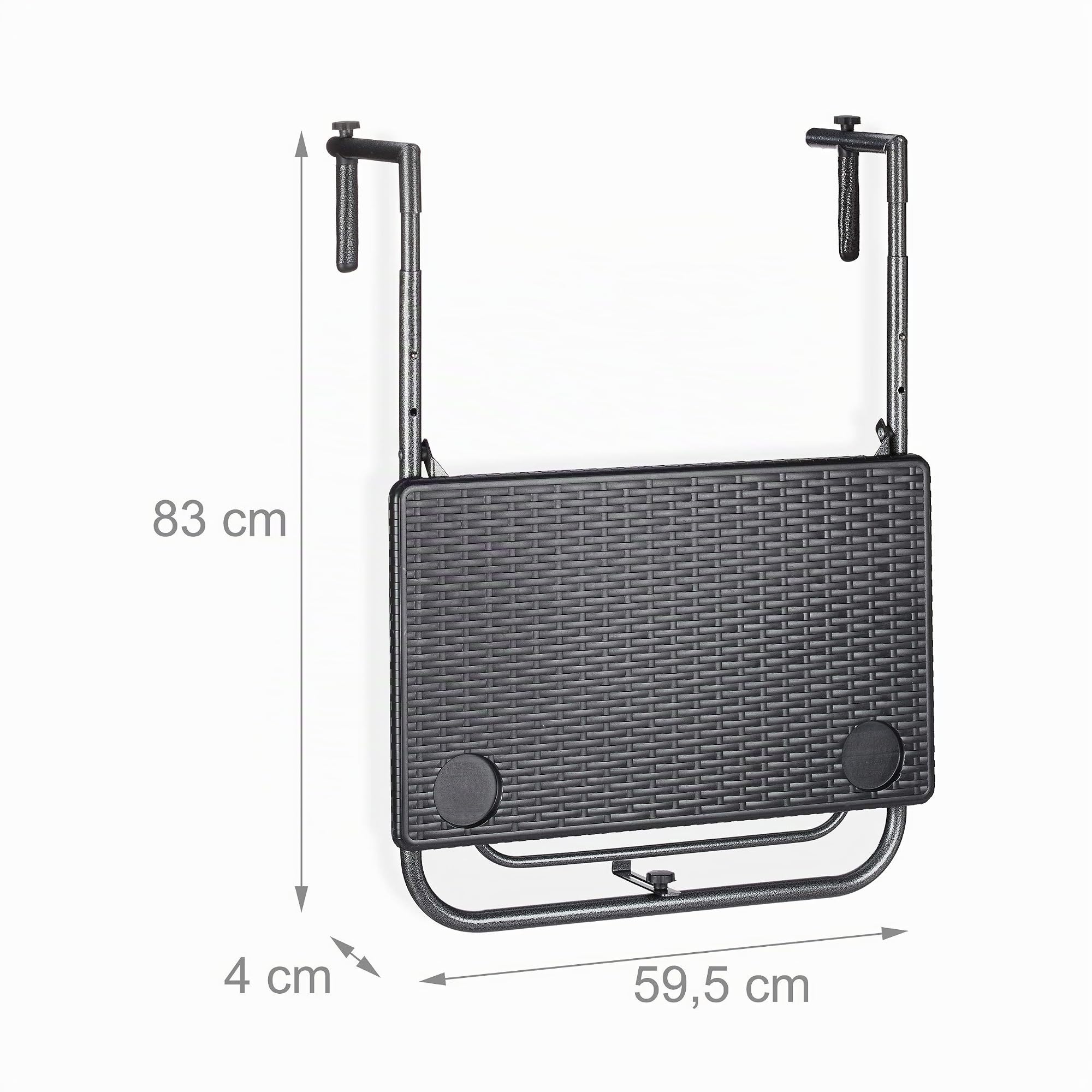 Relaxdays Table Balcon Suspendue, Pliante, réglable en Hauteur 3 Niveaux, Aspect rotin, résistante, 59,5 x 36 cm, Noir