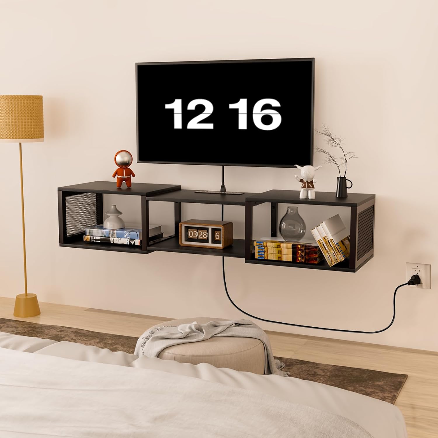 HOOBRO Floating TV Stand Wall Mounted with Power Outlet, Floating Entertainment Center for 55 inch TVs, Wall Mounted Entertainment Shelf with Storage, for Living Room, Bedroom, Black BB114UDS01