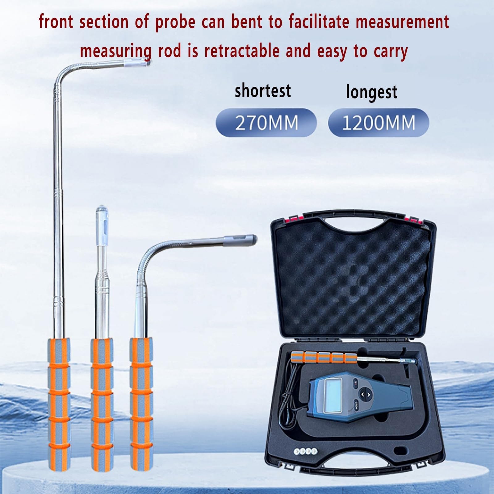 Cyfrowy anemometr z sondą zakrzywioną, wysoka czułość, podświetlany ekran LCD, pomiar prędkości wiatru 0,05–30,0 m/s, automatyczna kompensacja punktu zerowego