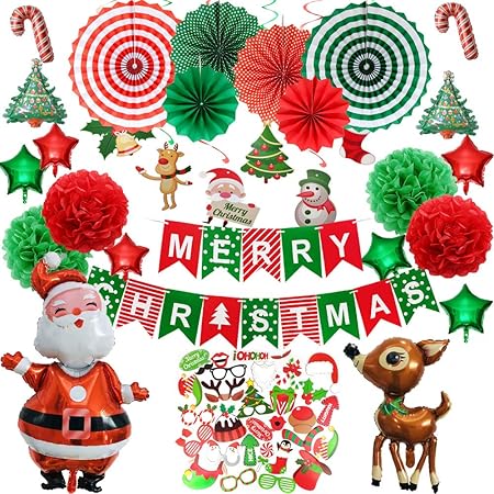 Amazon クリスマス 飾り セット30個セット 風船 ペーパーファン サンタクロース トナカイ Merry Christmas文字 バルーン クリスマス お祝い 飾り付け クリスマスフェルト ガーランド アルミ風船 デコレーション用小物 子供 お化け屋敷 学園祭 文化祭 仮装大会 Ktv会場