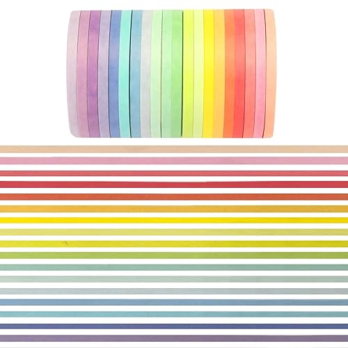Miniatura 8 de Juego de 20 rollos de cinta adhesiva Washi de 0.295 in, 328 pies, juego de cintas Washi de colores arcoíris pastel de colores delgados y finos,