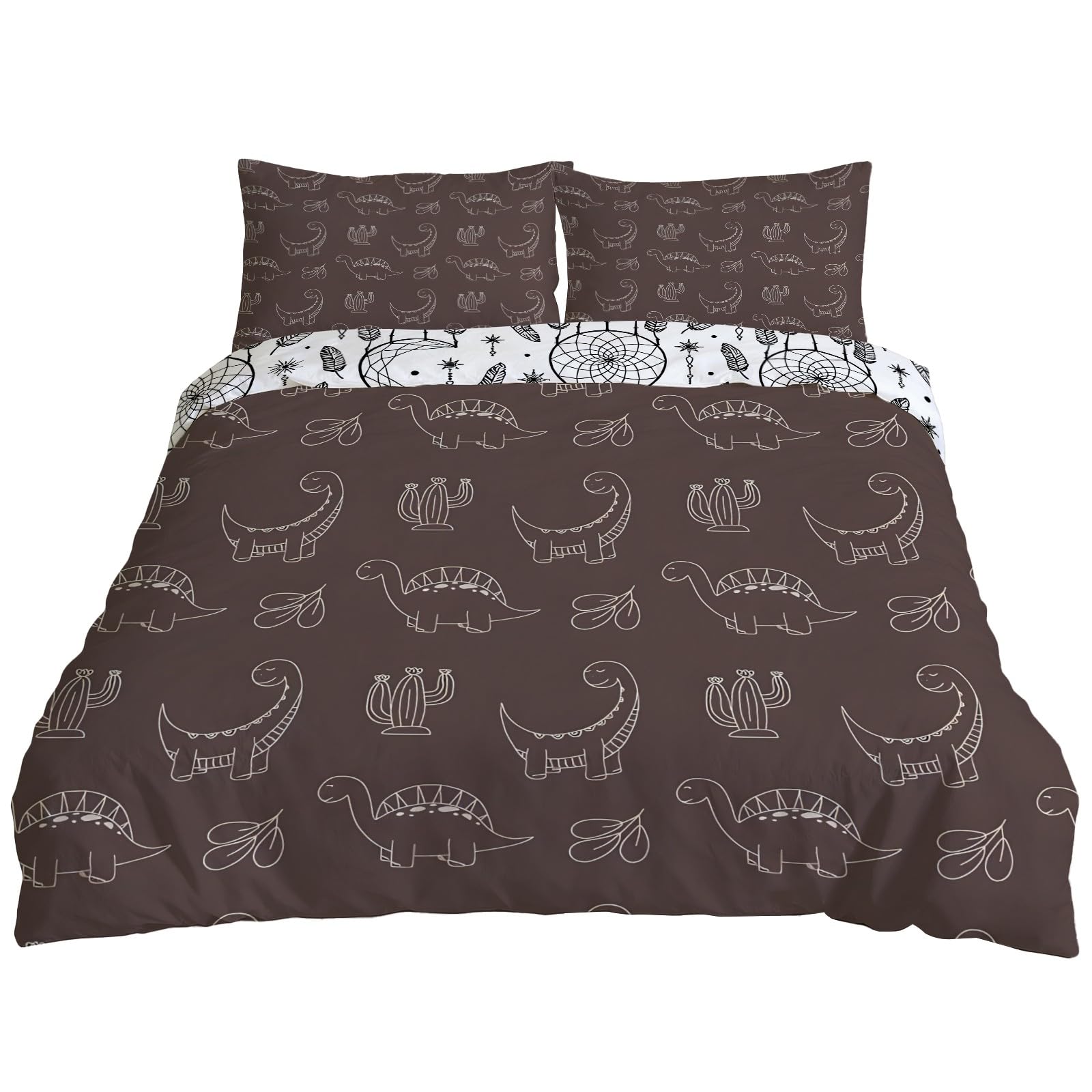 Housse de couette dinosaure 200x200 brun confortable lit double parure de lit microfibre douce