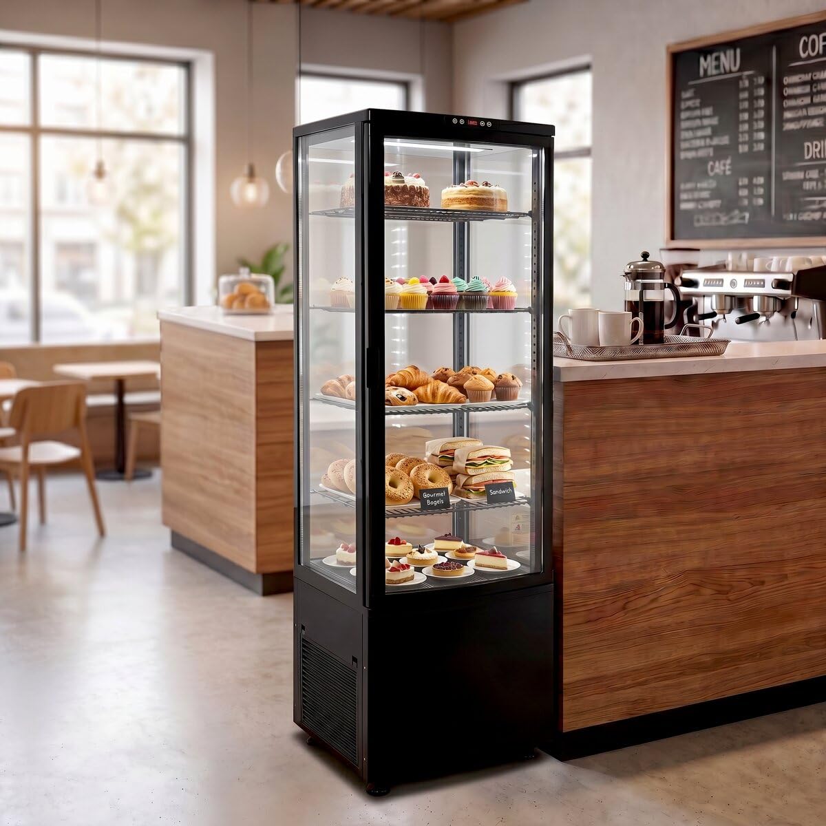 GastroHero Vetrina refrigerante da 235 litri, vetrina a buffet +2 °C e +6 °C con LED, vetrina refrigerante Gastro nero, bancone refrigerante con porta in vetro e convezione, chiudibile a chiave
